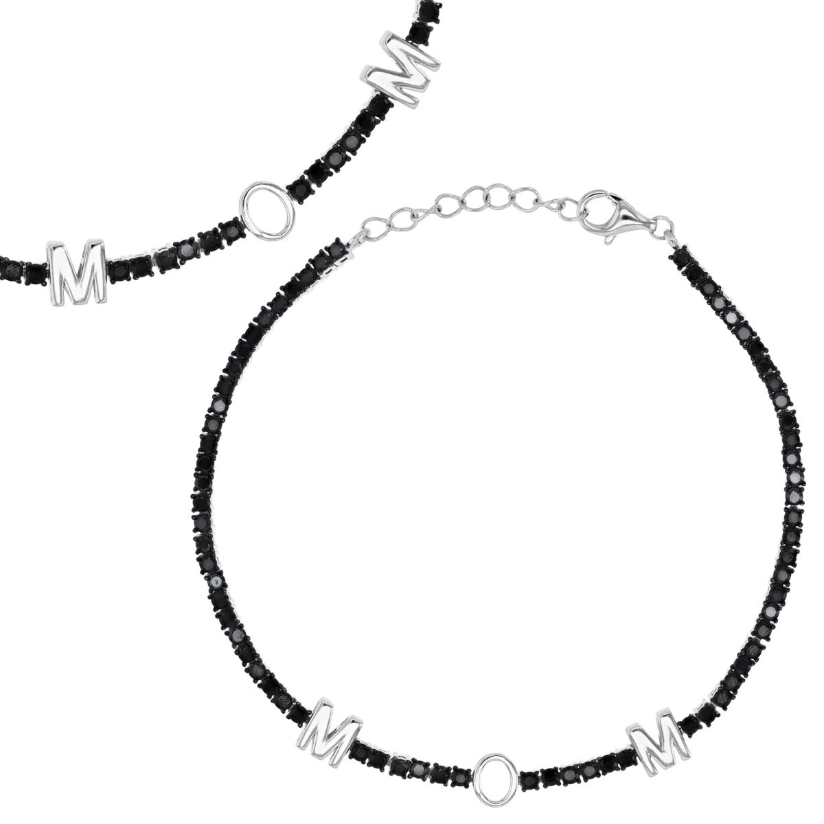 Sterling Silver Rhodium 6MM Polished  Black Spinel 'MOM' Tennis 7+1'' Bracelet