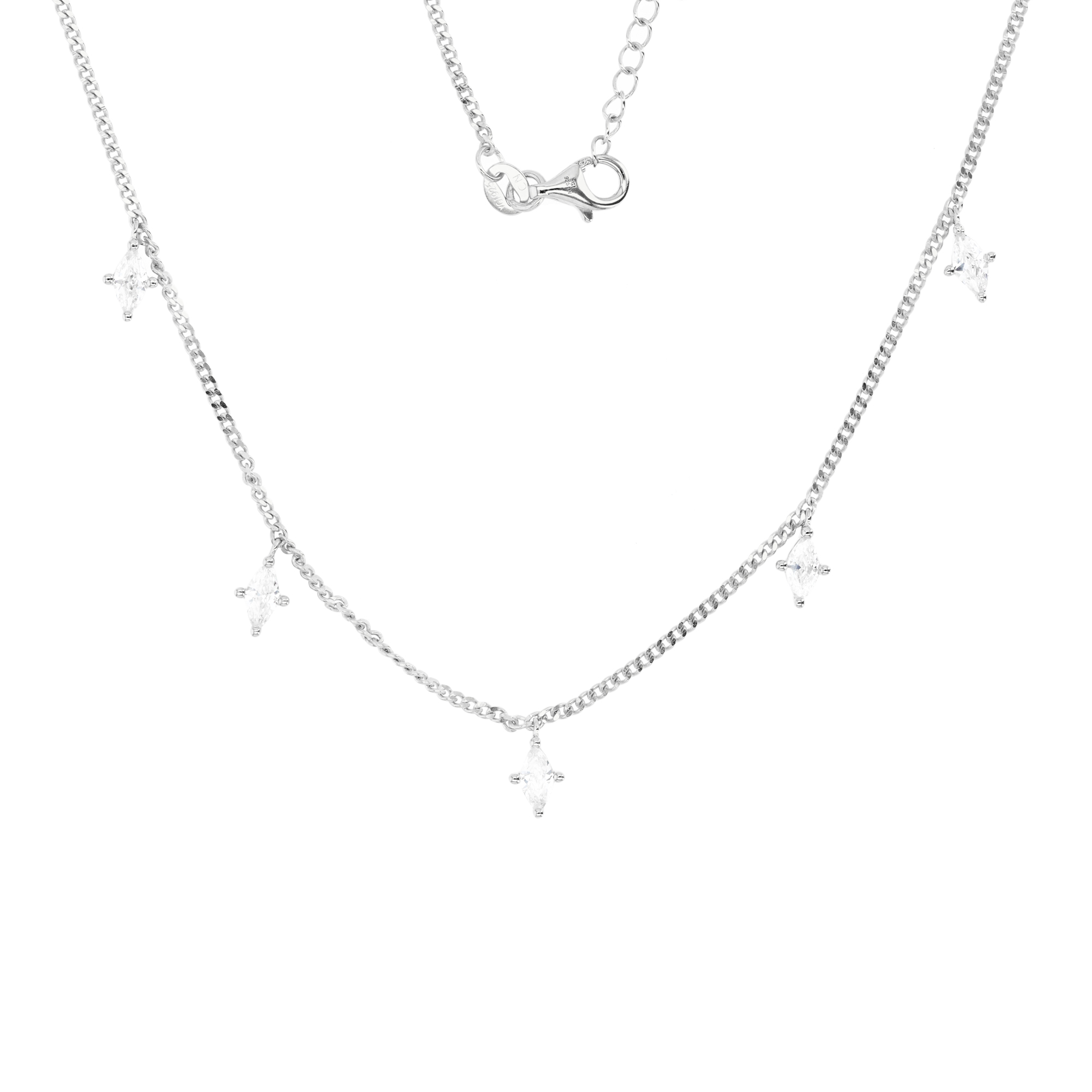 Sterling Silver Rhodium 6X3MM Polished White CZ  Marquise Station  Dangling16+2'' Necklace