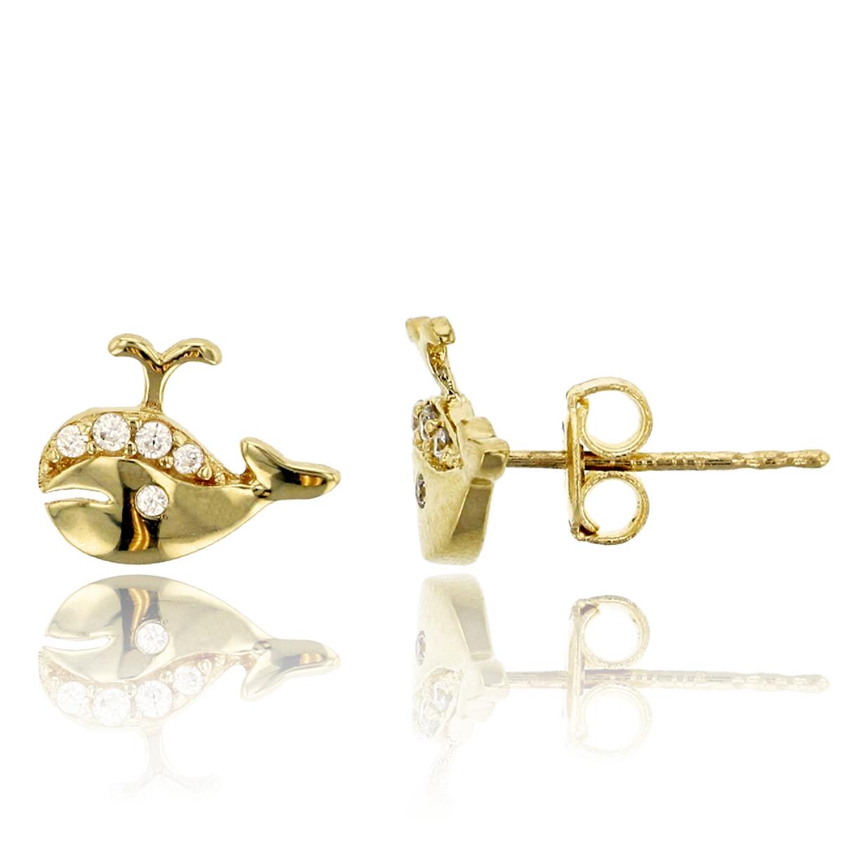 14K Yellow Gold Polished Micropave Whale Stud Earring