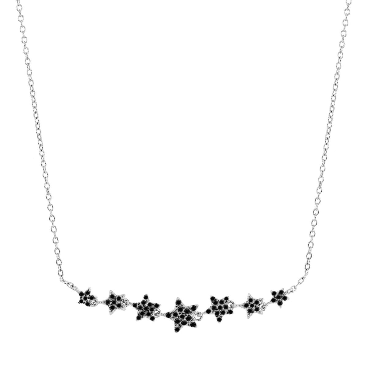 Sterling Silver Rhodium 7MM Polished Black Spinel Pave Graduated Stars 16+2'' Rollo  Necklace