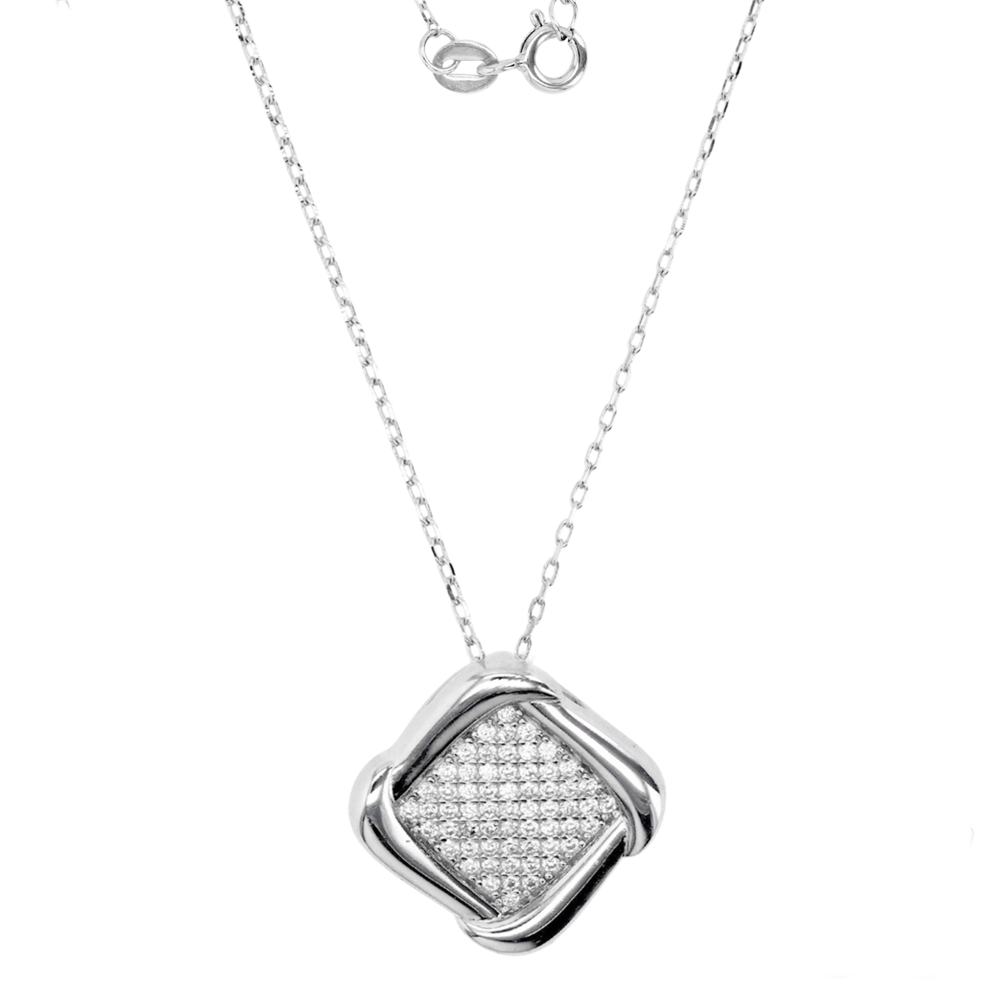 Sterling Silver Rhodium 14MM Polished White CZ Pave Square Dangling 18+2'' Rollo Necklace