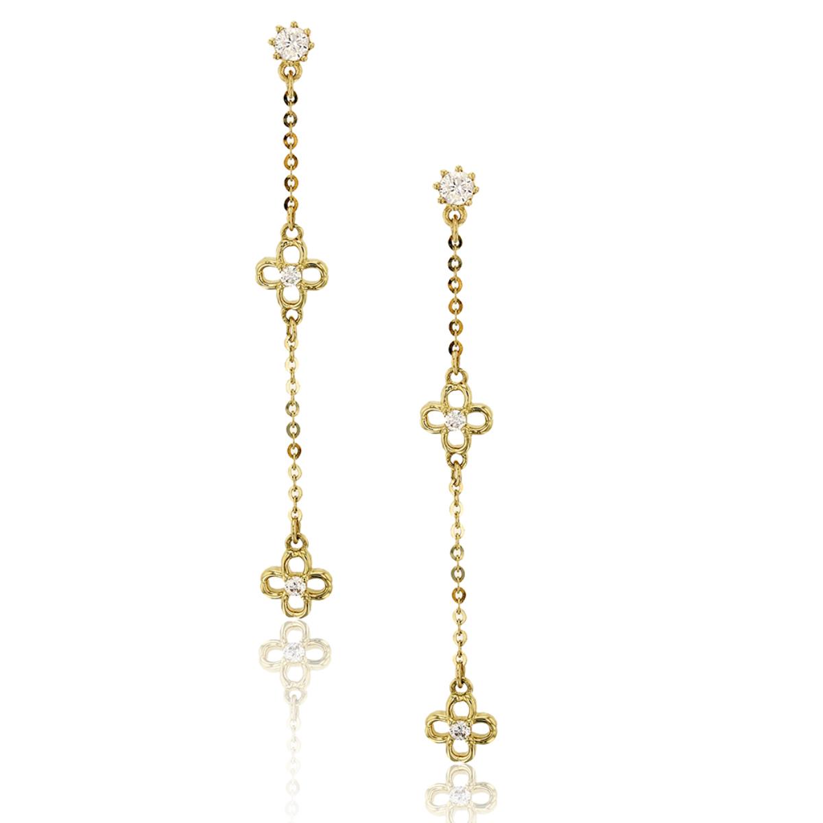 14K Yellow Gold Polished Micropave Open Flower Dangling Stud Earring