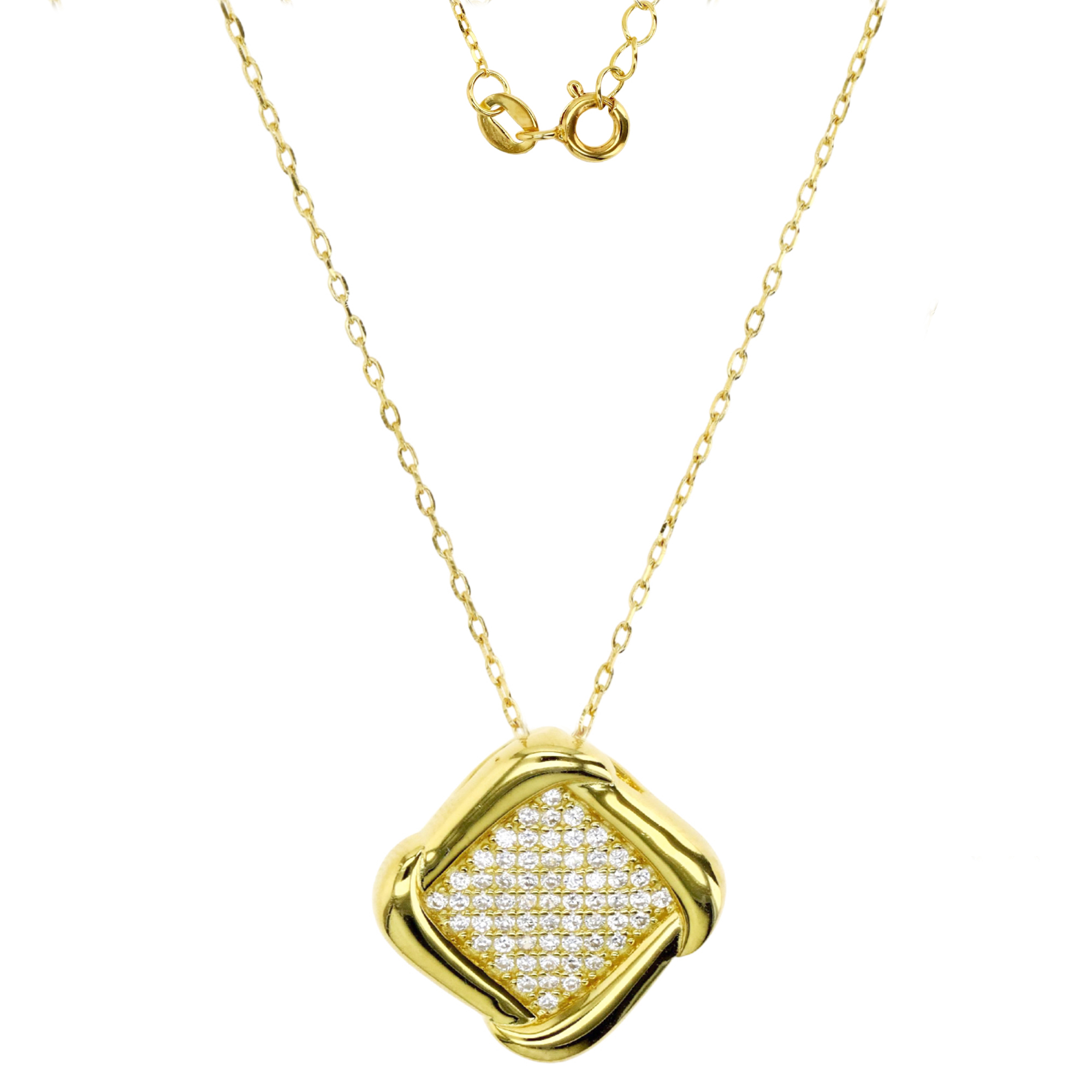 Sterling Silver Yellow 14MM Polished White CZ Pave Square Dangling 18+2'' Rollo Necklace