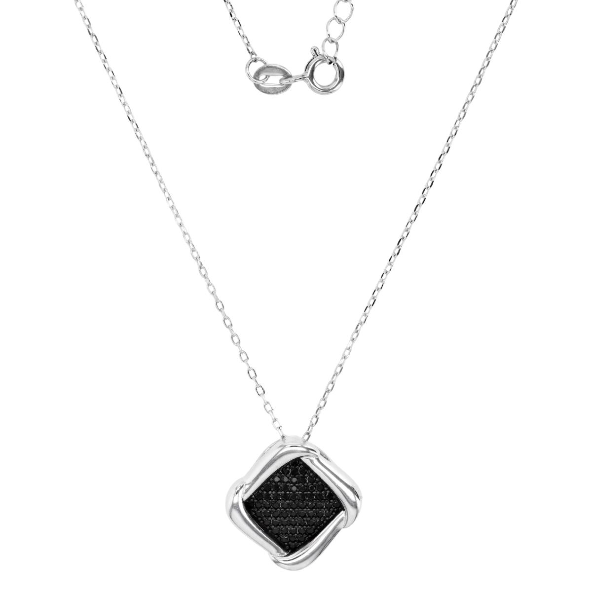 Sterling Silver Rhodium 14MM Polished Black Spinel Pave Square Dangling 18+2'' Rollo Necklace