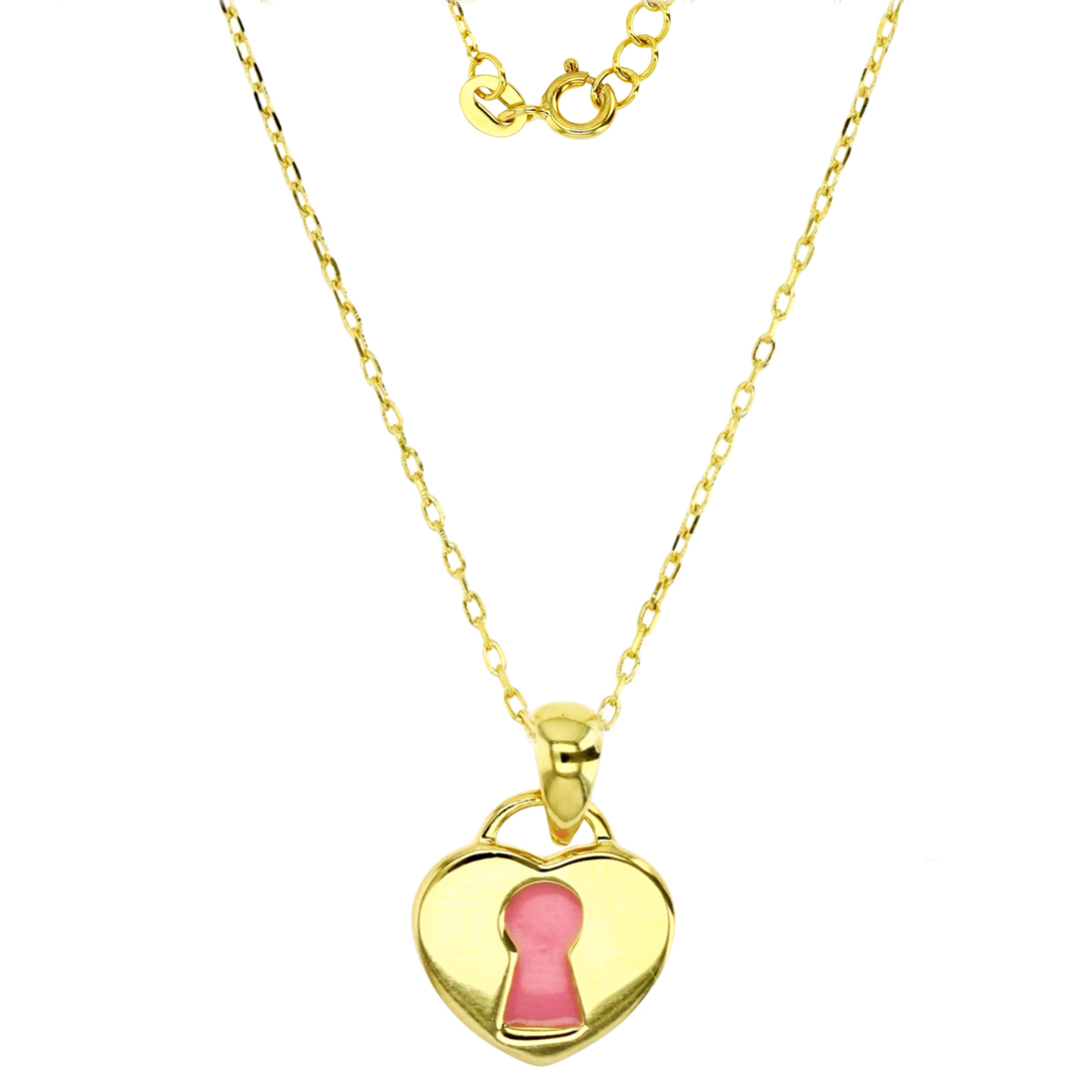 Sterling Silver Yellow 15X10MM Pink Enamel Lock Heart Dangling 13+2'' Rollo Necklace