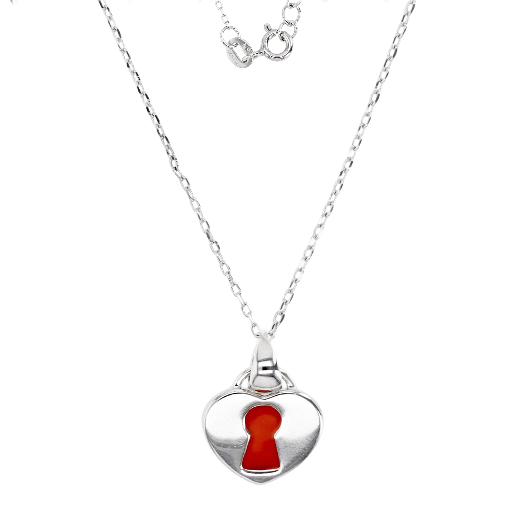 Sterling Silver Rhodium 15X10MM Red Enamel Lock Heart Dangling 13+2'' Rollo Necklace