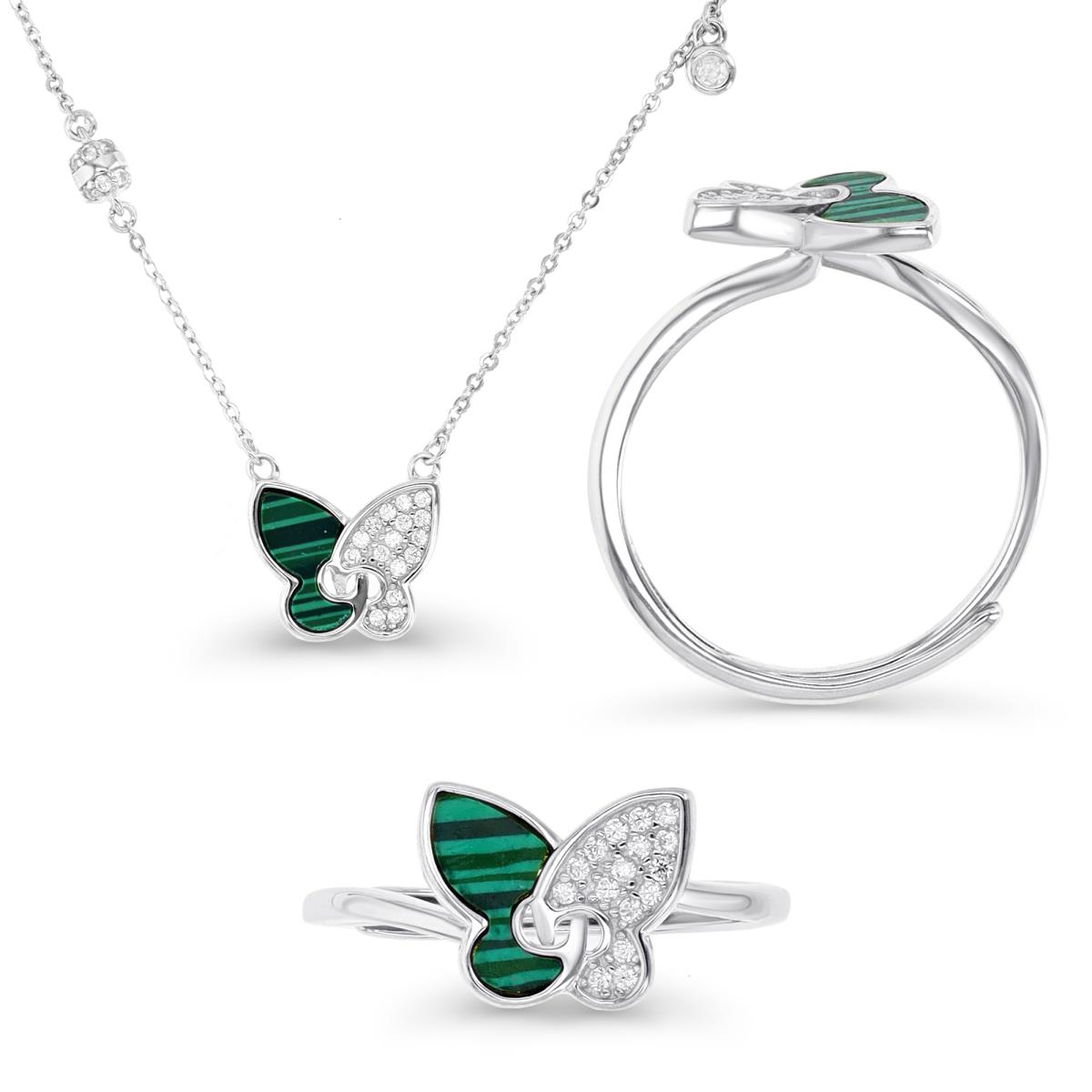 Sterling Silver Rhodium & Malachite and White CZ Butterfly and  Bead Ring and 18+2" Necklace Set