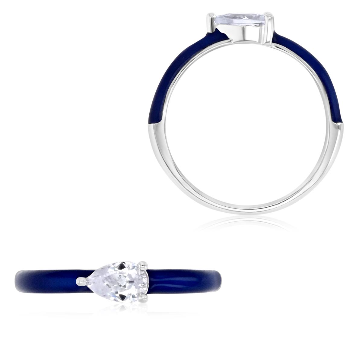 Sterling Silver Rhodium 6X4MM Pear Shape White CZ & Blue Enamel Solitaire Ring