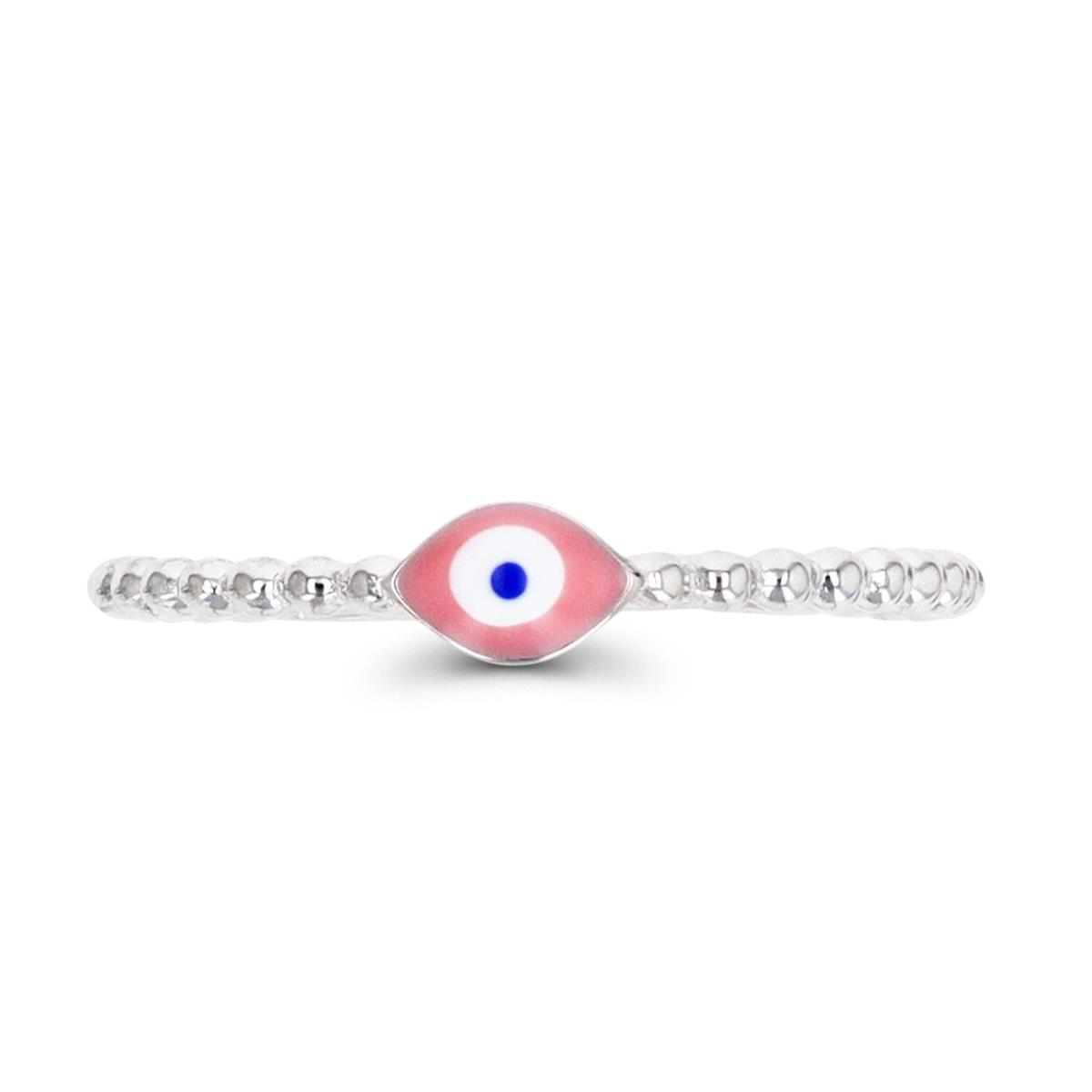 Sterling Silver Rhodium 3.5MM Pink & Blue Enamel Evil Eye Beaded Ring