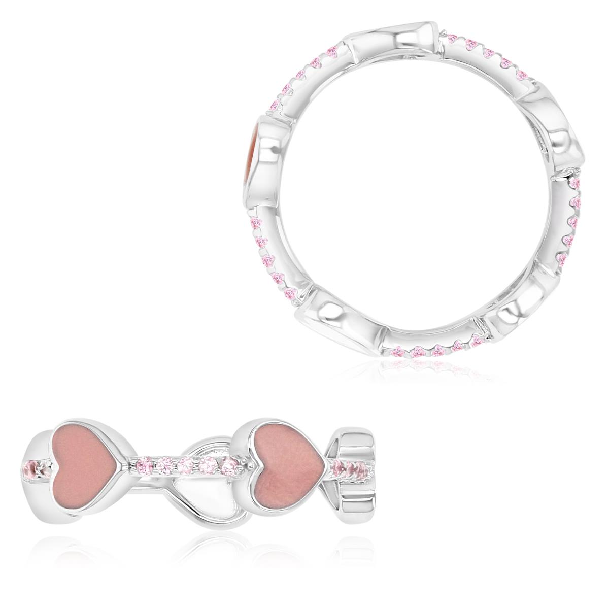 Sterling Silver Rhodium 5.5MM Pink CZ & Pink Enamel Heart Ring