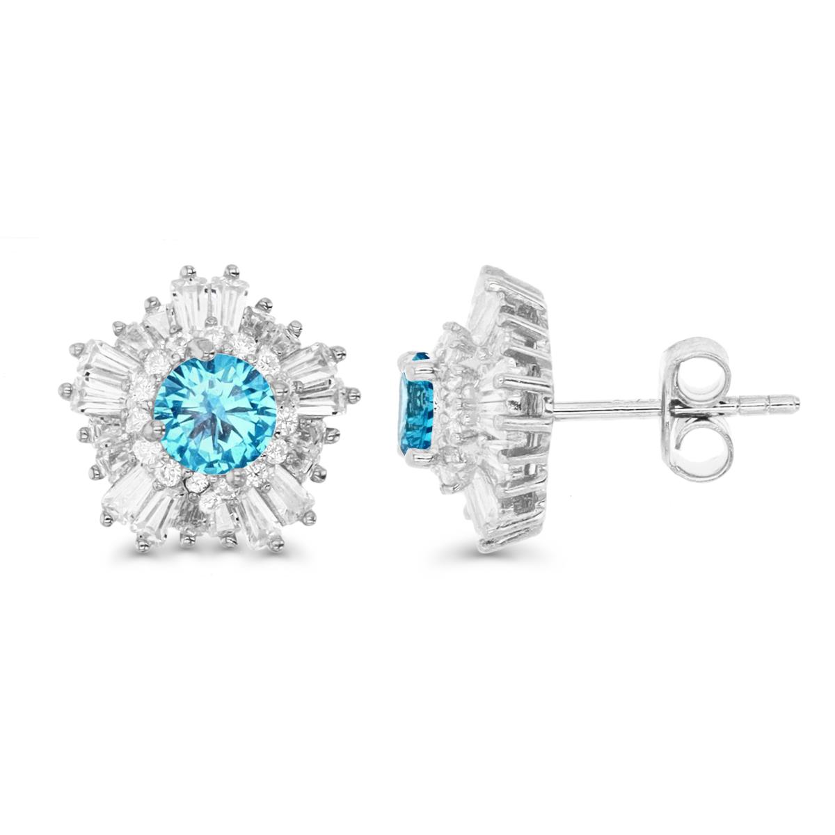 Sterling Silver Rhodium 11MM Polished Swiss Blue & White CZ Rnd & Tappered Baguette Star Stud Earring