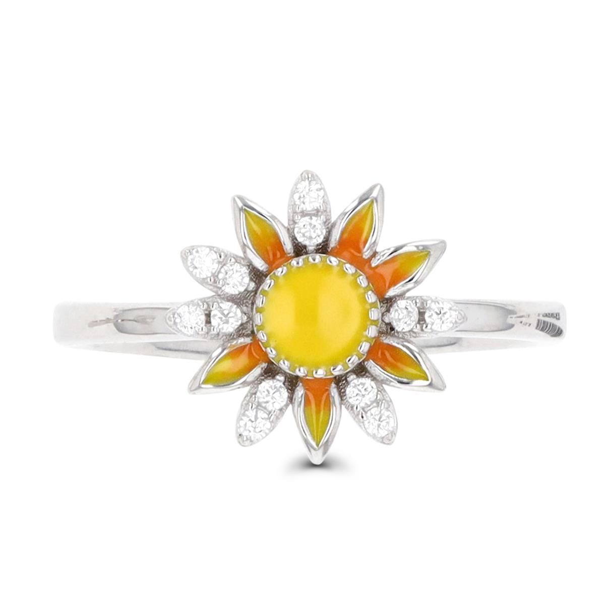 Sterling Silver Rhodium White CZ & Yellow Enamel Sunflower Ring