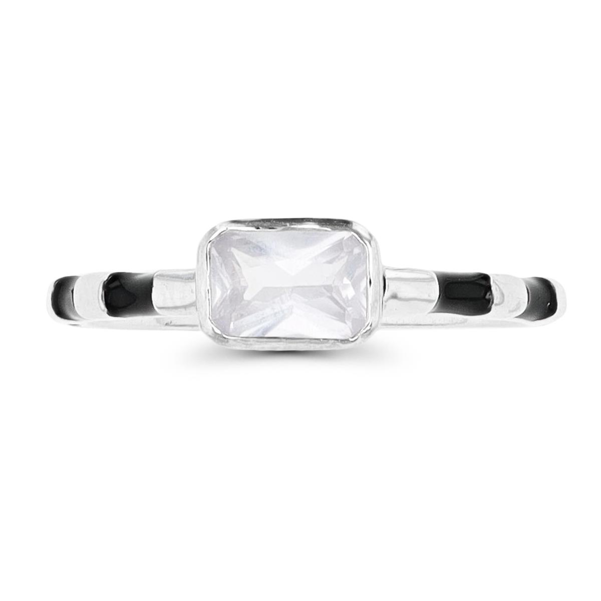 Sterling Silver Rhodium & Enamel 8x6mm Baguette White CZ Fashion Ring