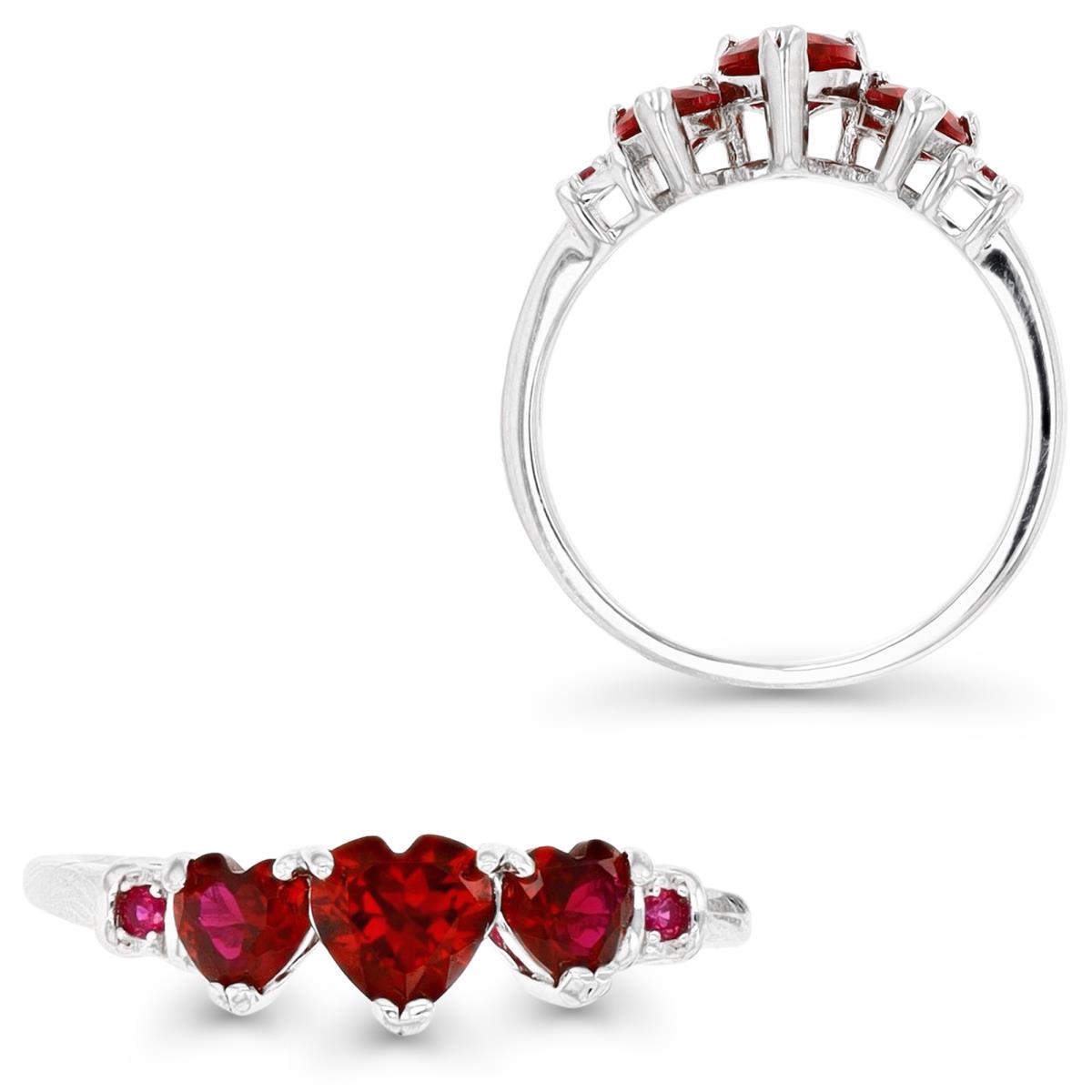 Sterling Silver Rhodium 5.5MM Polished CR Ruby #8 Rnd & Heart Shape 5 Stone Ring