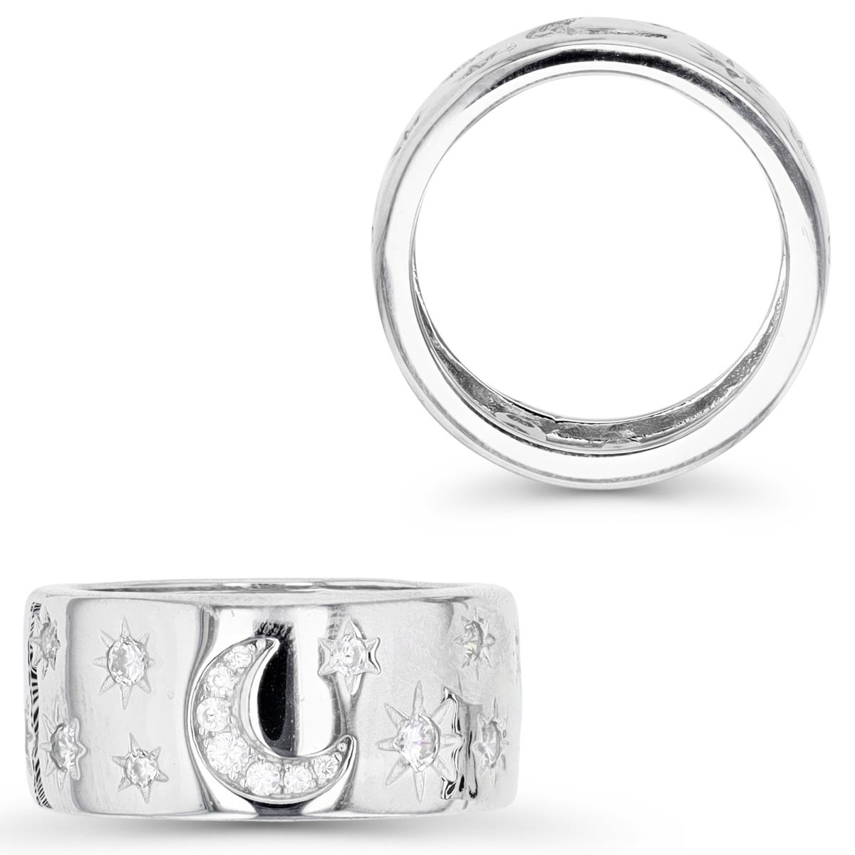 Sterling Silver Rhodium 10MM Polished White CZ Starburst & Moon Band Ring