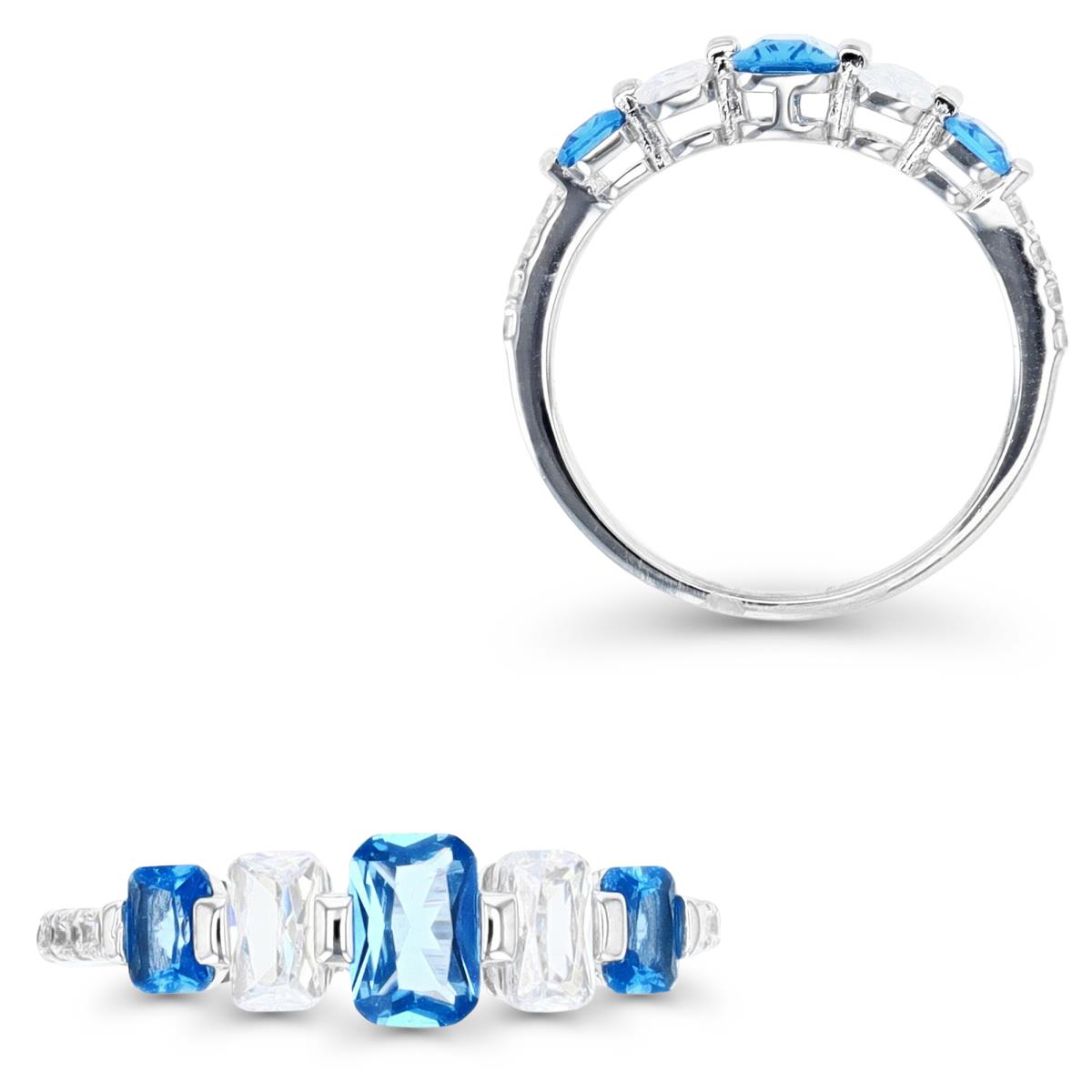 Sterling Silver Rhodium 6MM Polished White CZ & #119 Blue Emerald Cut Anniversary Ring