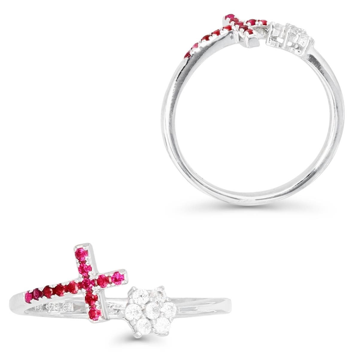 Sterling Silver Rhodium & Ruby #8 and White CZ Cross and Flower Open Ring