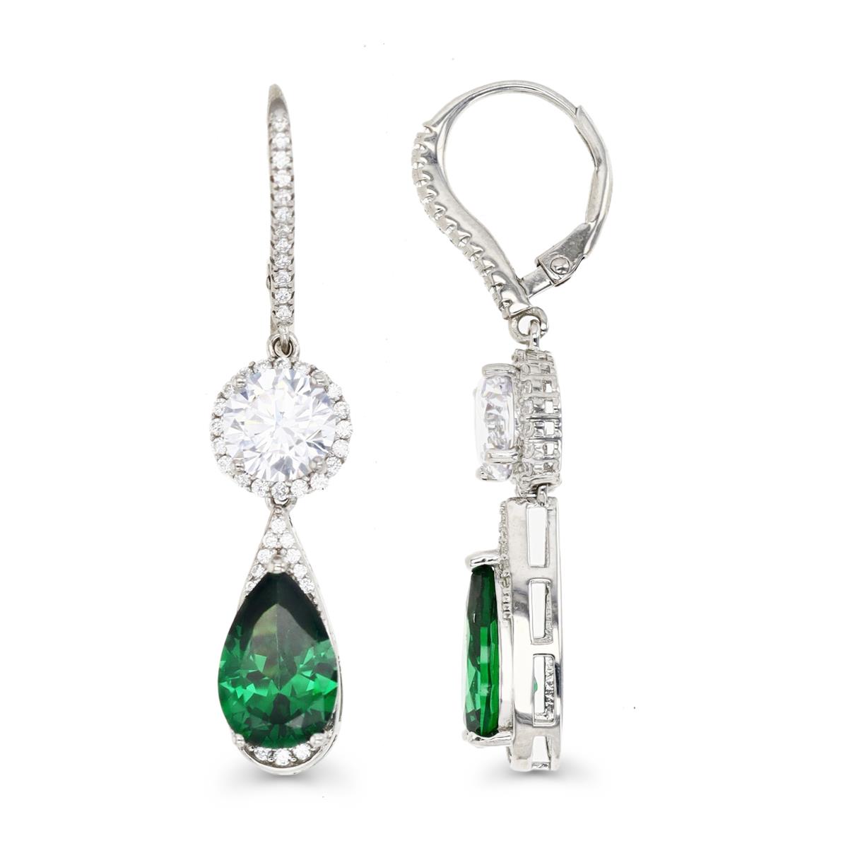 Sterling Silver Rhodium 45X9MM Polished Green & White CZ Lever Back Halo Tear Drop Dangling Earring