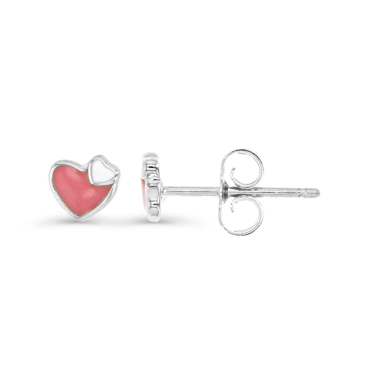Sterling Silver Rhodium 5X5MM Pink & White Enamel Heart Stud Earring