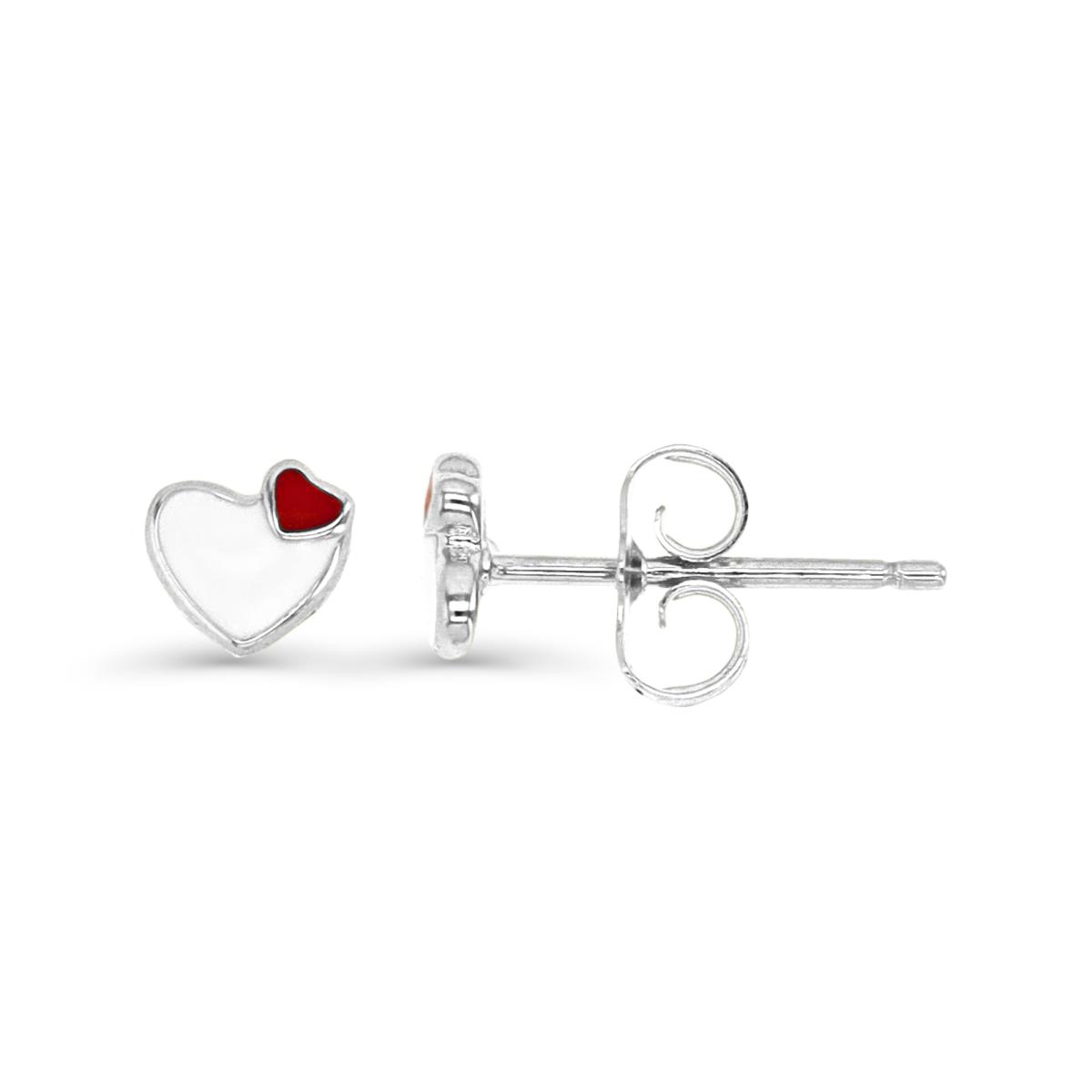 Sterling Silver Rhodium 5X5MM White & Red  Enamel Heart Stud Earring