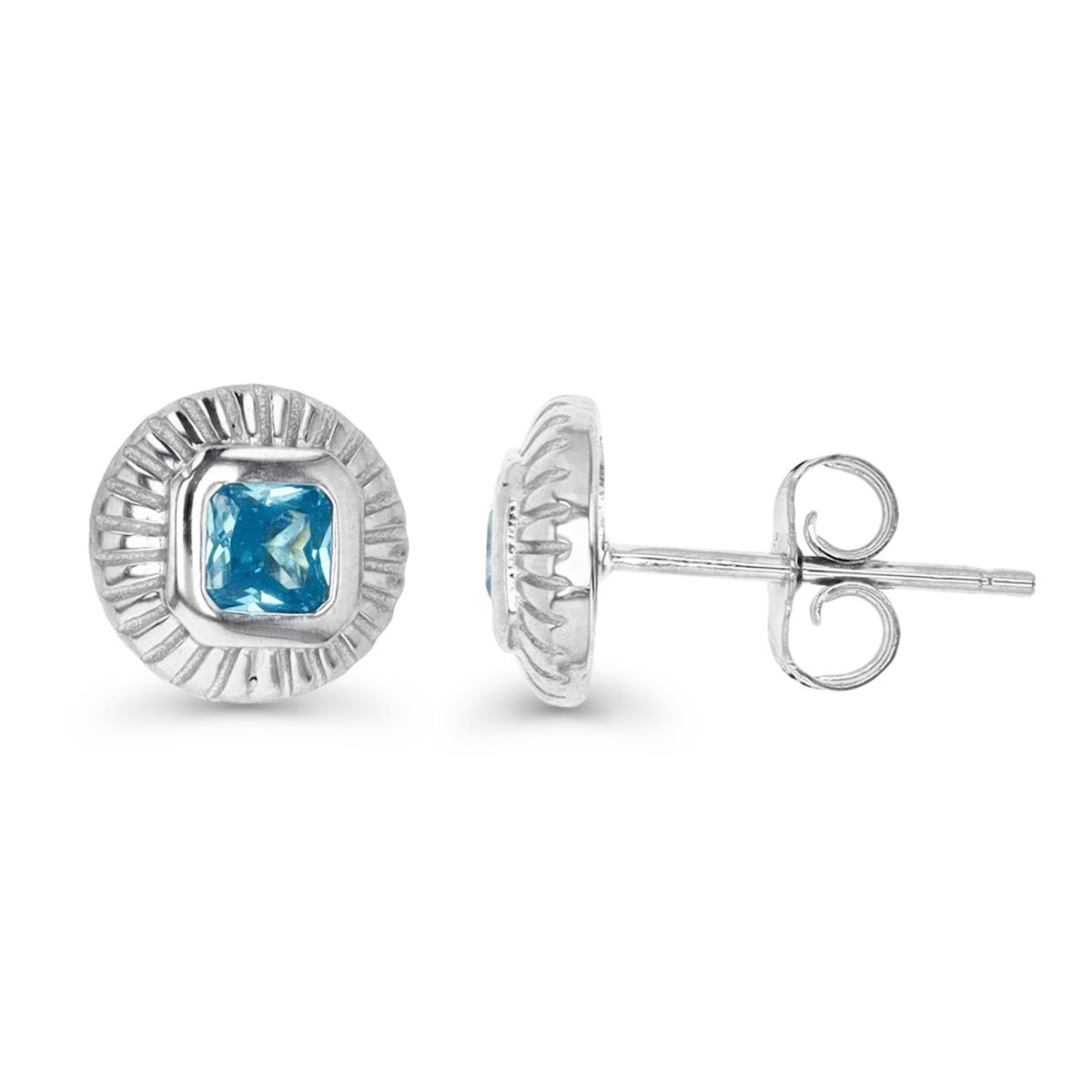 Sterling Silver Rhodium 9MM Polished London Blue Princess Cut Bezel Rnd Stud Earring