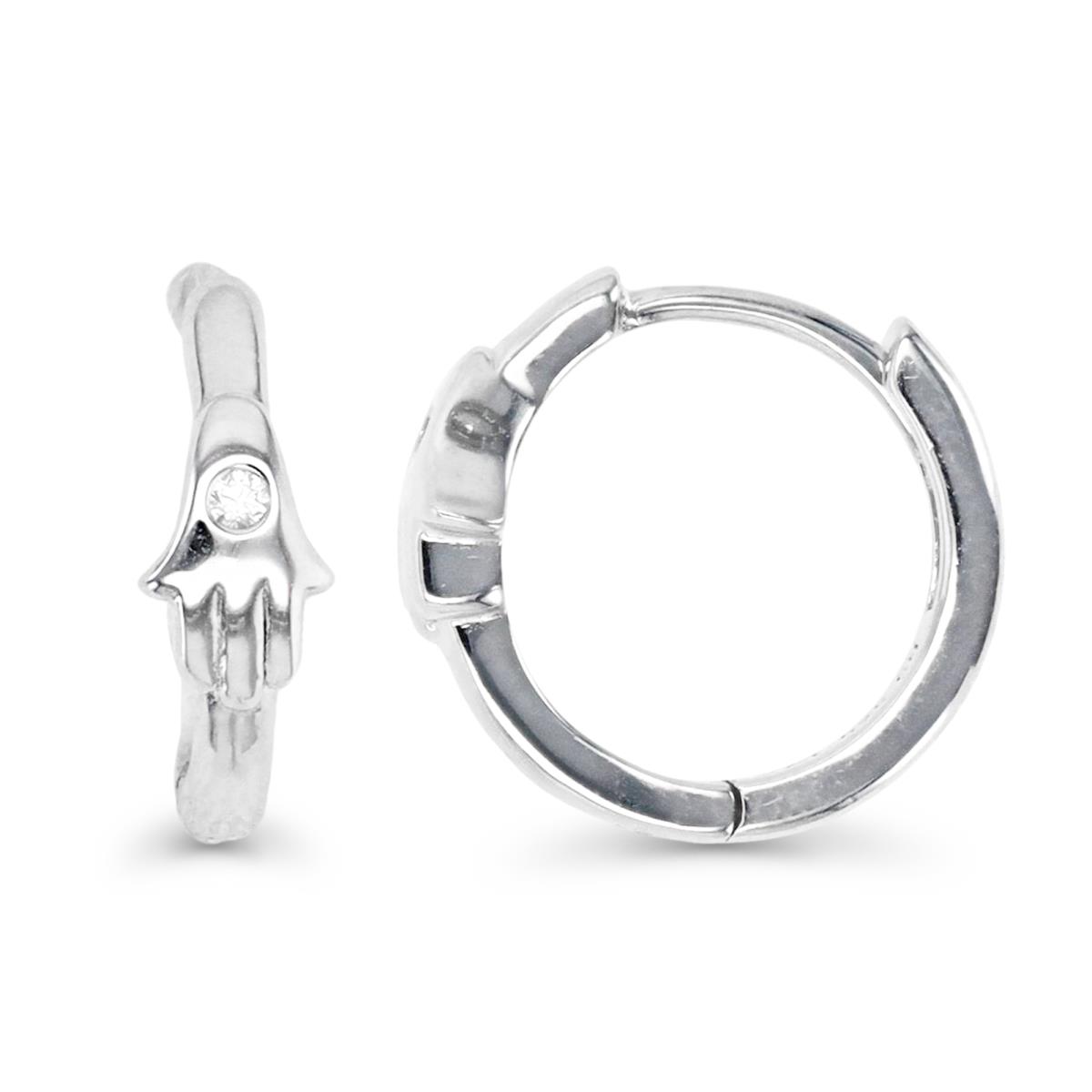 Sterling Silver Rhodium 14MM Polished White CZ Hamsa Huggie Earring