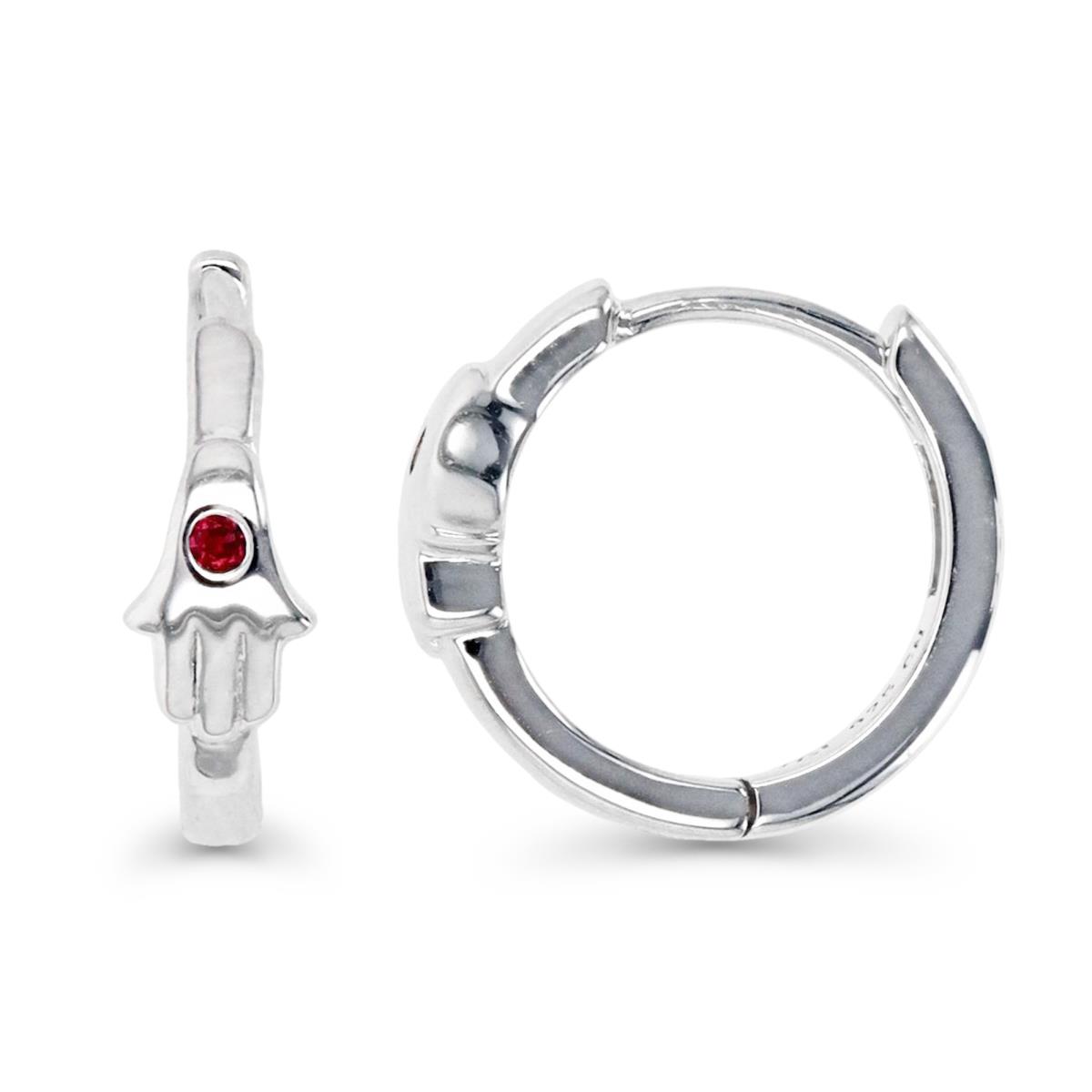 Sterling Silver Rhodium 14MM Polished Cr Ruby #8 Hamsa Huggie Earring
