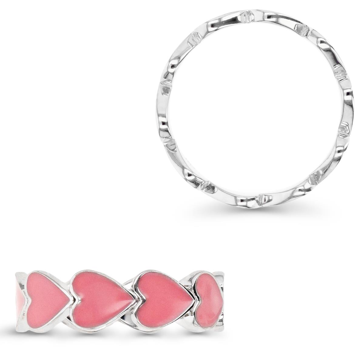 Sterling Silver Rhodium 6MM Polished Pink Enamel Hearts Band Ring