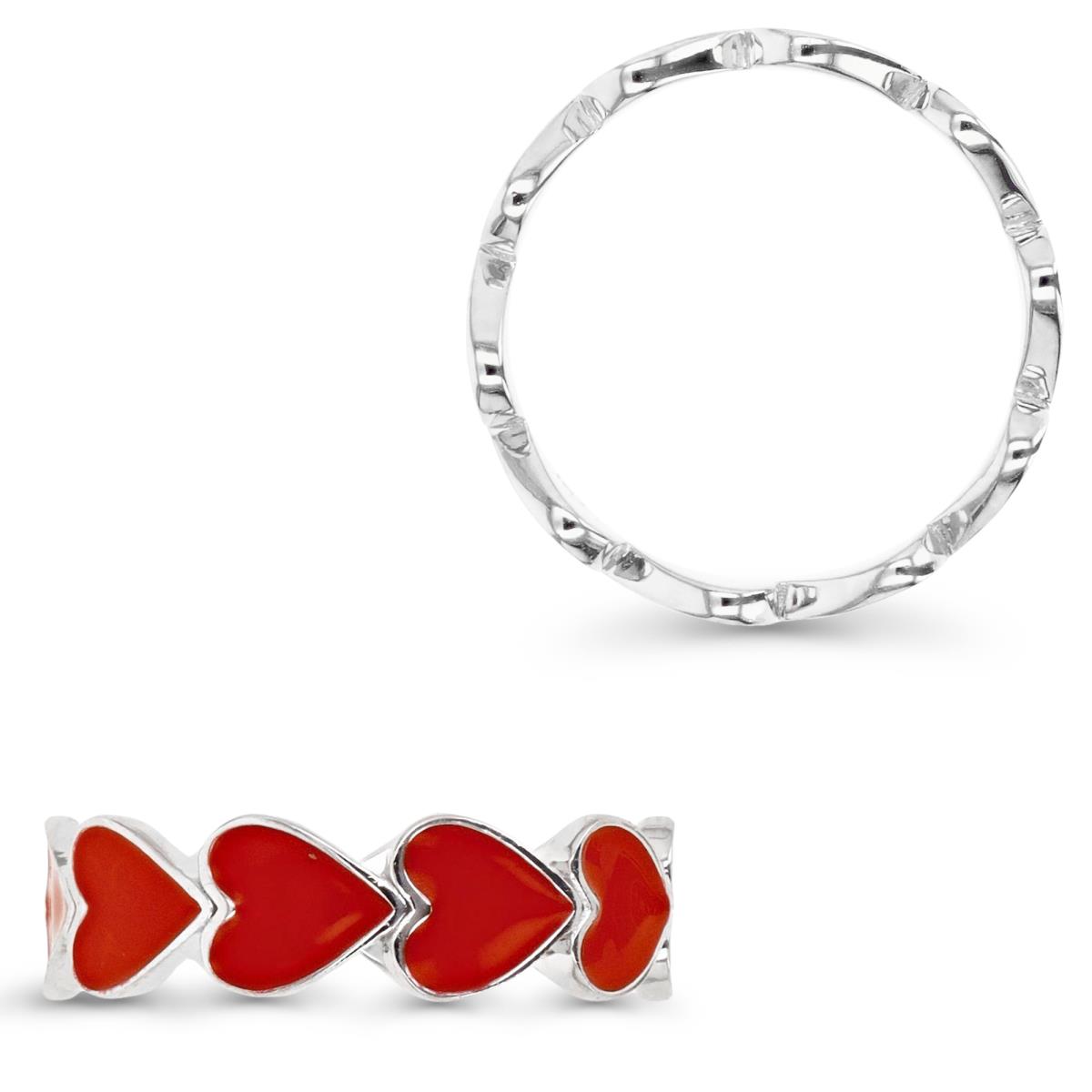 Sterling Silver Rhodium 6MM Polished Red Enamel Hearts Band Ring