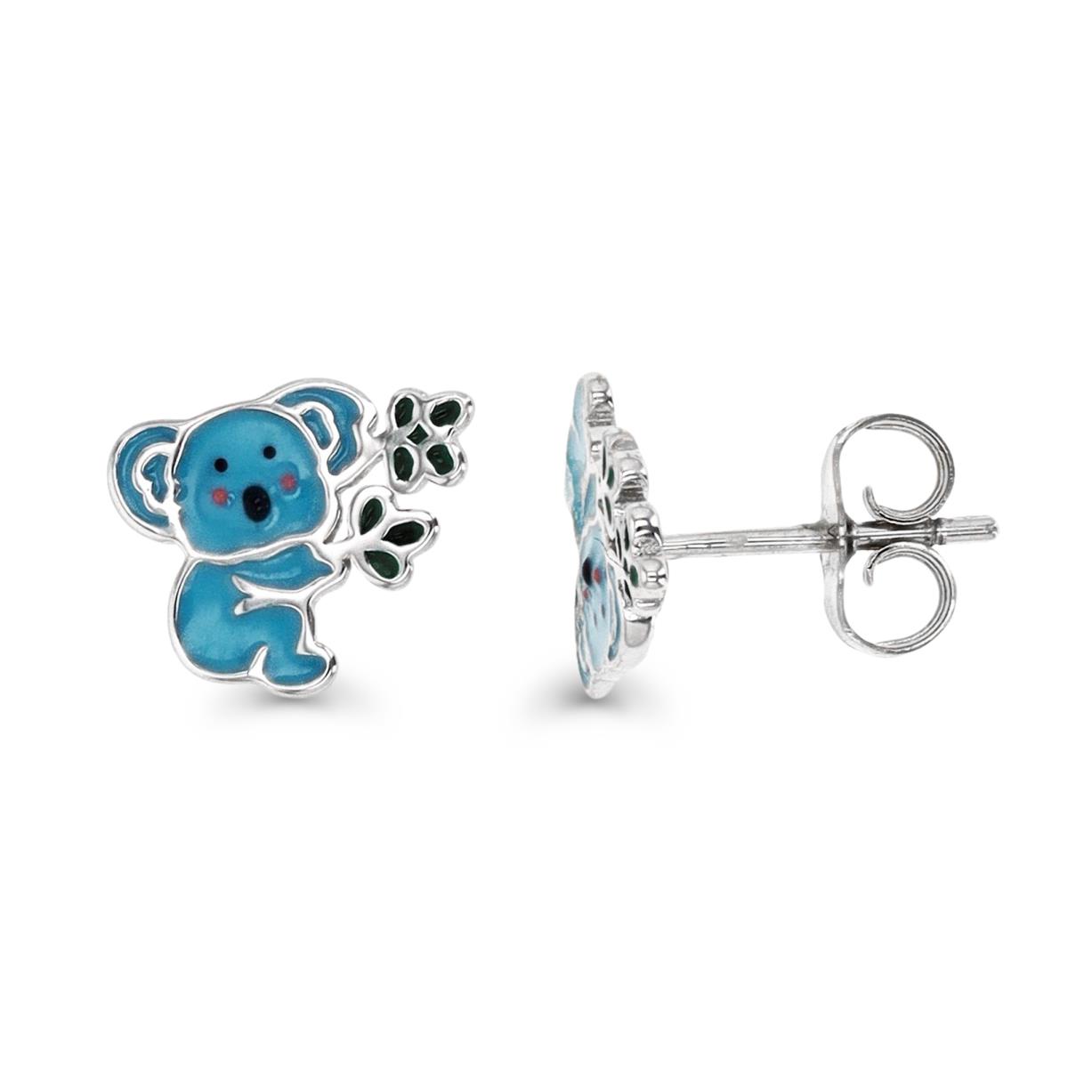 Sterling Silver Rhodium 10X9MM Muticolor Enamel Cutie Koala Stud Earring