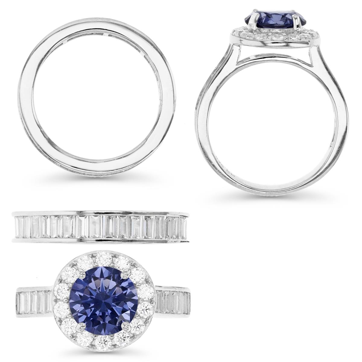 Sterling Silver Rhodium 8MM Tanzanite & White CZ Rnd & Str Baguette Engagement Duo Ring