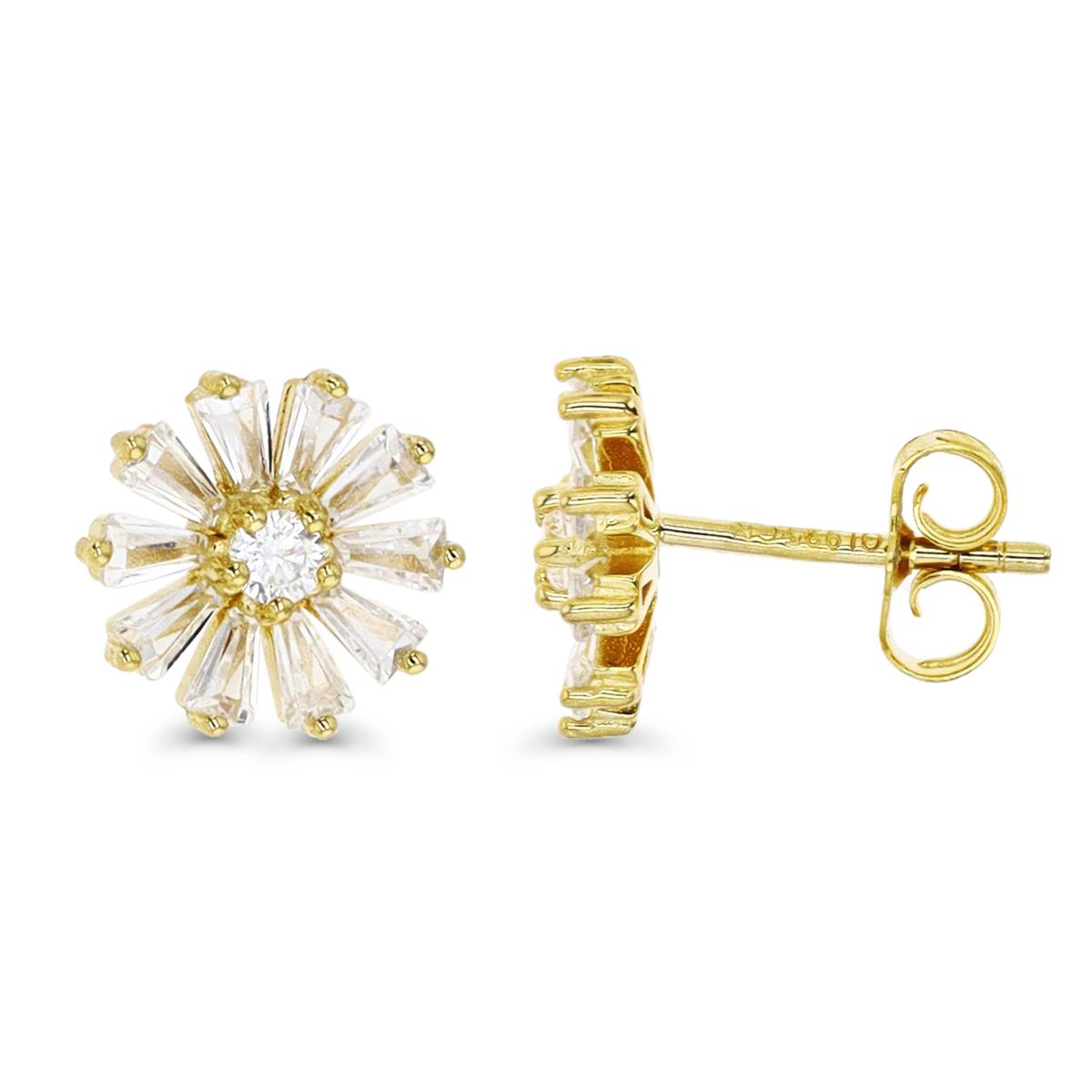 Sterling Silver Yellow 1M 10MM White CZ Rnd & Tapered Baguette Flower Stud Earring