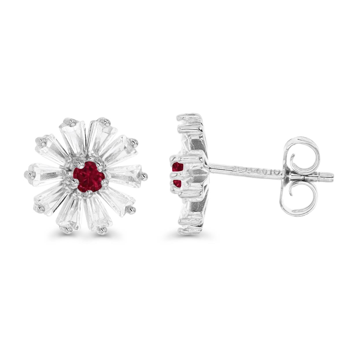 Sterling Silver Rhodium 10MM Cr Ruby #8 & White CZ / Rnd & Tapered Baguette Flower Stud Earring