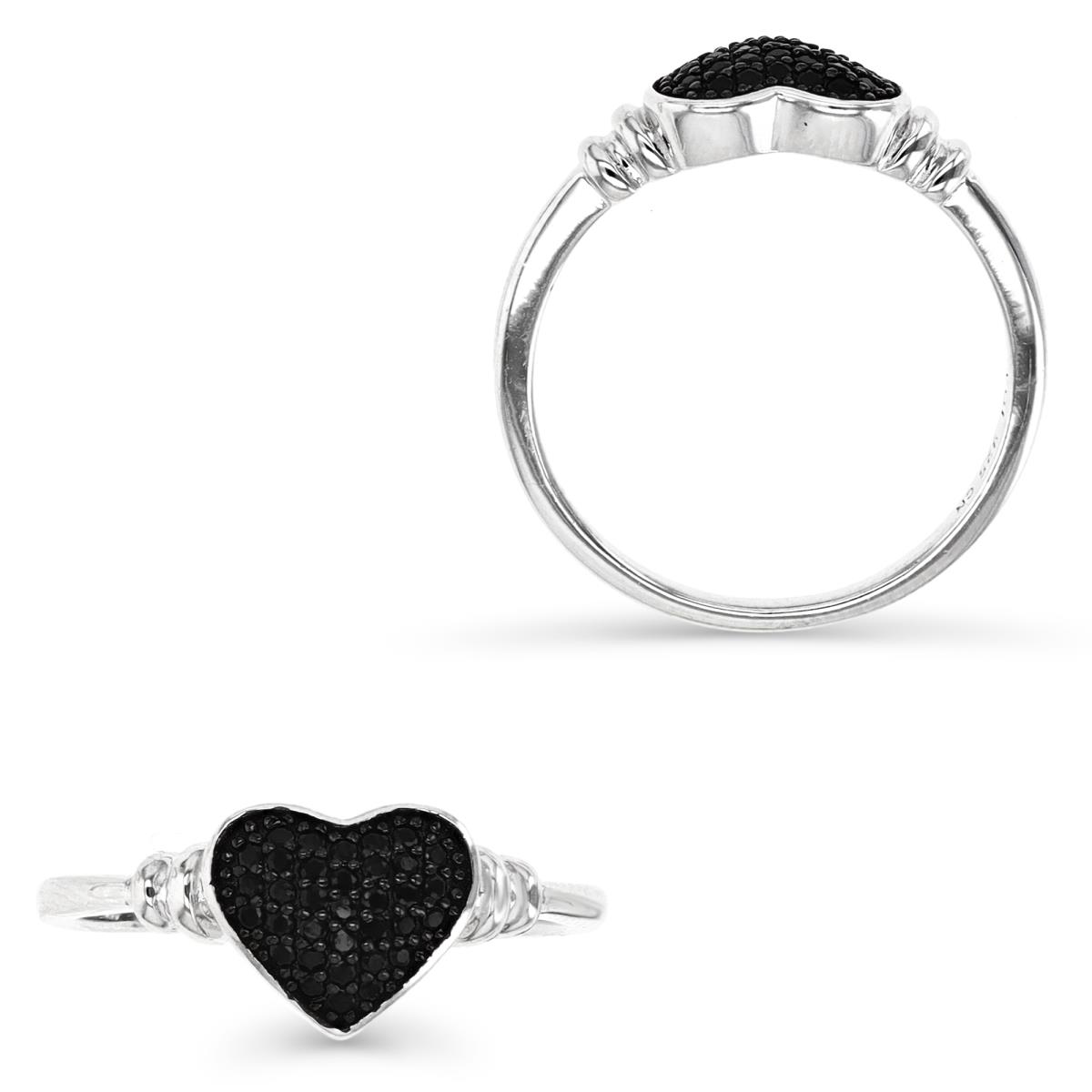 Sterling Silver Rhodium 8.5MM Polished Black Spinel Pave Heart Ring