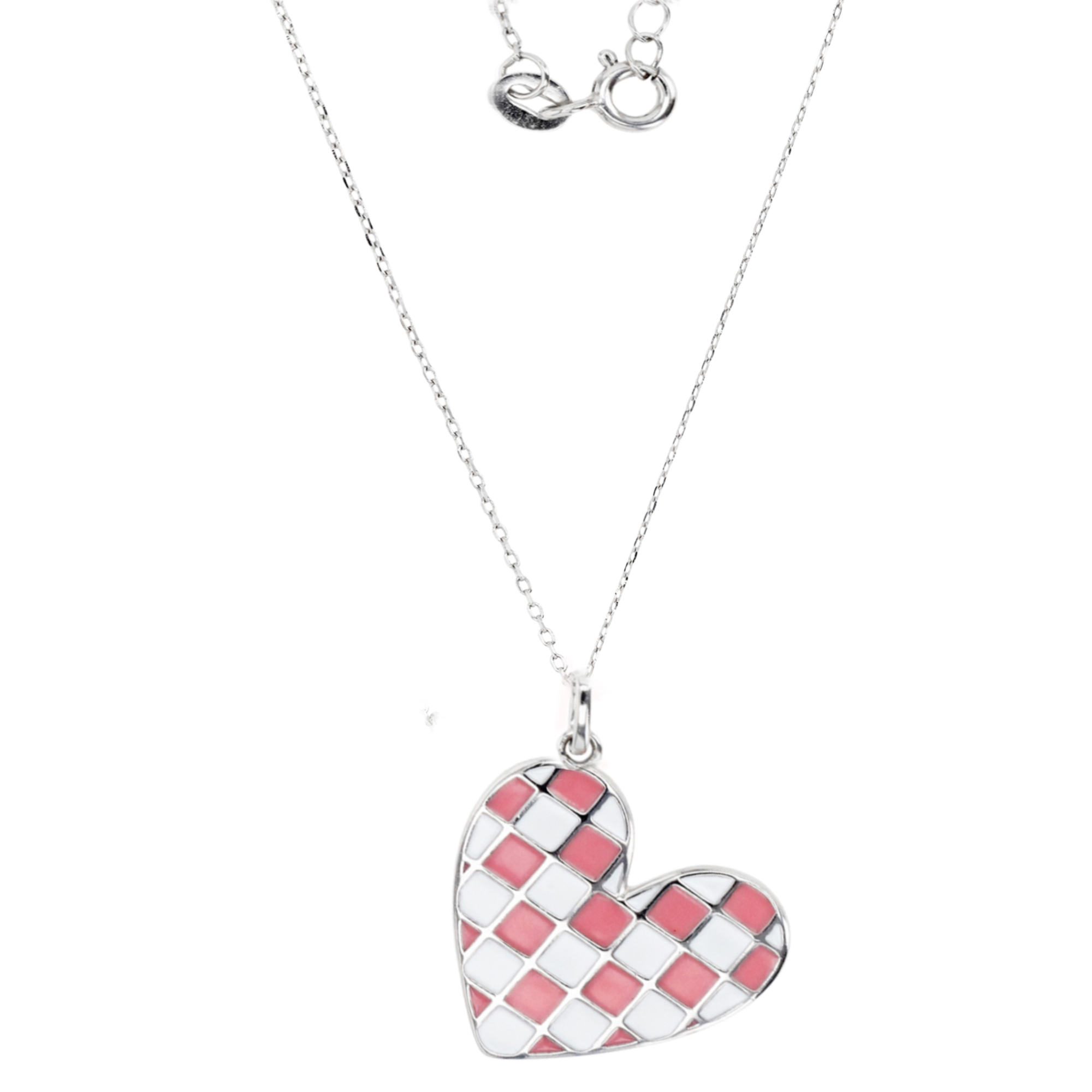 Sterling Silver Rhodium 27X21MM Pink & White Enamel Heart Dangling 18+2'' Necklace