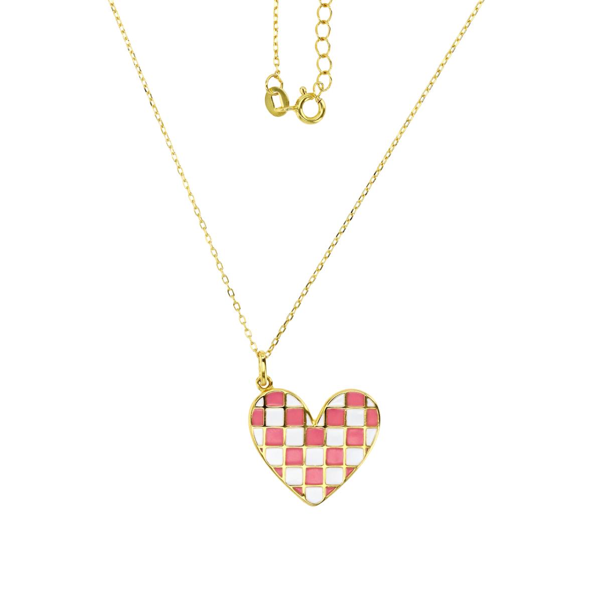 Sterling Silver Yellow 1M 27X21MM Pink & White Enamel Heart Dangling 18+2'' Necklace