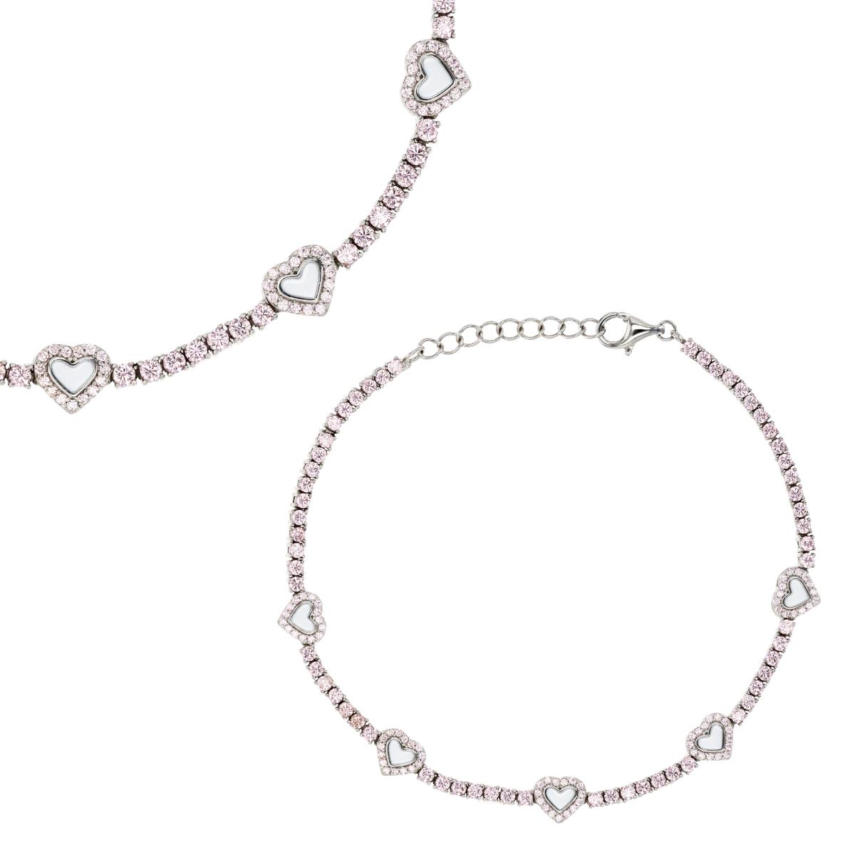 Sterling Silver Rhodium 6MM Polished Pink CZ & White Enamel Halo Hearts Tennis 7+1'' Bracelet