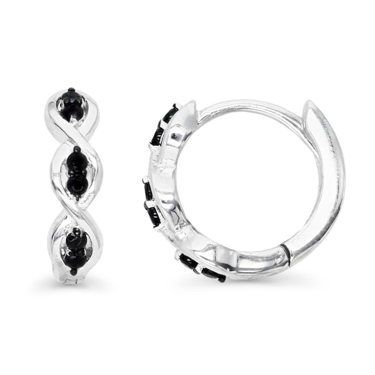 Sterling Silver Rhodium 11X3MM Polished Black Spinel Twisted Huggie Earring