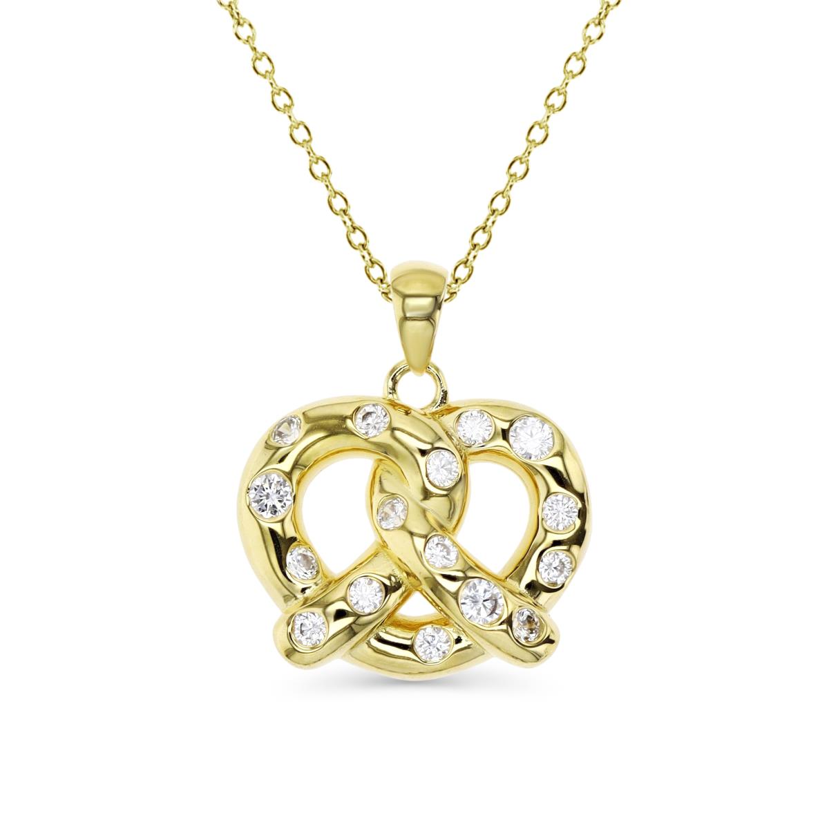 Sterling Silver Yellow 21X19MM Polished White CZ Dangling  Pretzel 18'' Rollo Necklace