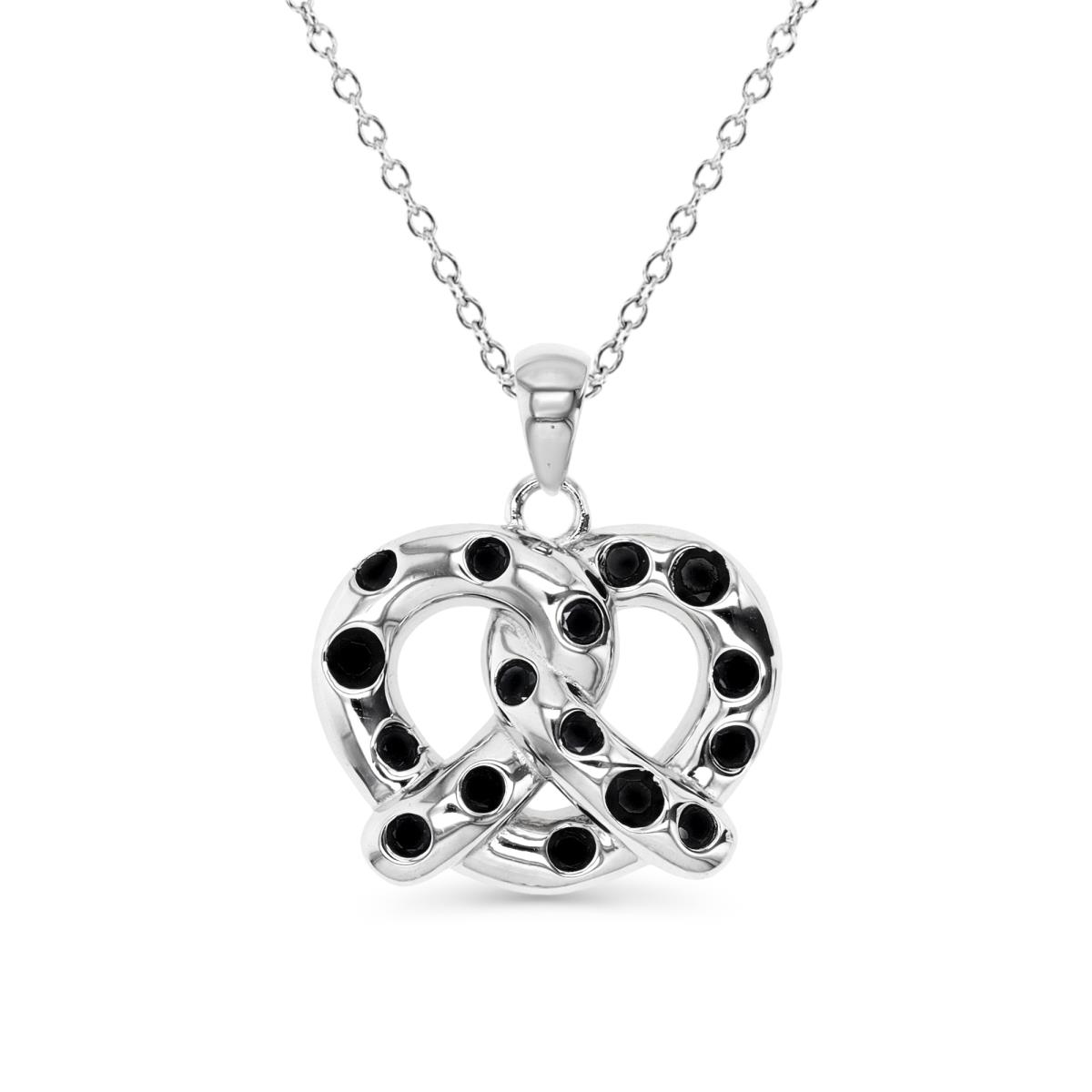 Sterling Silver Rhodium 21X19MM Polished Black Spinel Dangling Pretzel 18'' Rollo Necklace