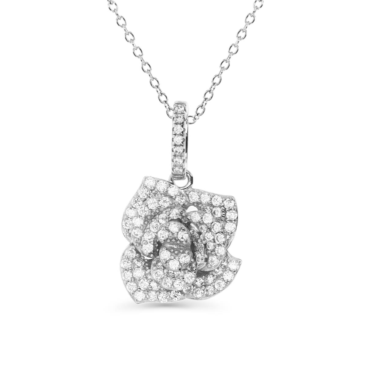Sterling Silver Rhodium 25X14MM Polished White CZ Pave Rose 18'' Rollo Necklace