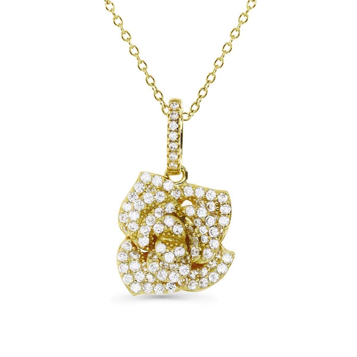 Sterling Silver Yellow 25X14MM Polished White CZ Pave Rose 18'' Rollo Necklace