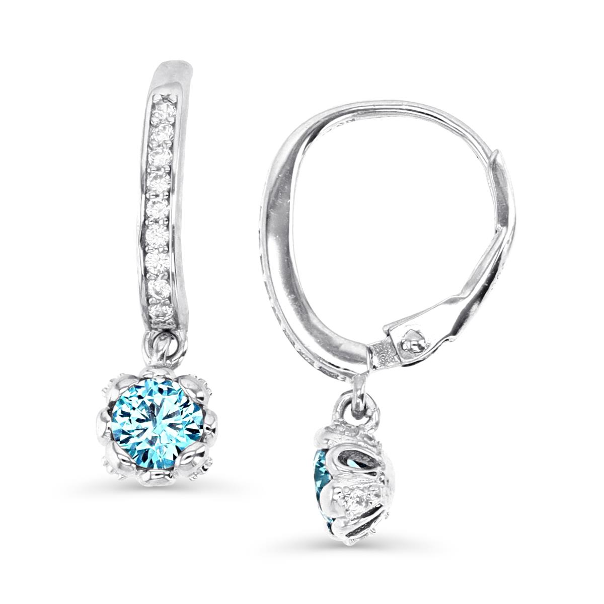 Sterling Silver Rhodium 23X6MM Polished Swiss Blue  & White CZ Dangling Leverback Earring