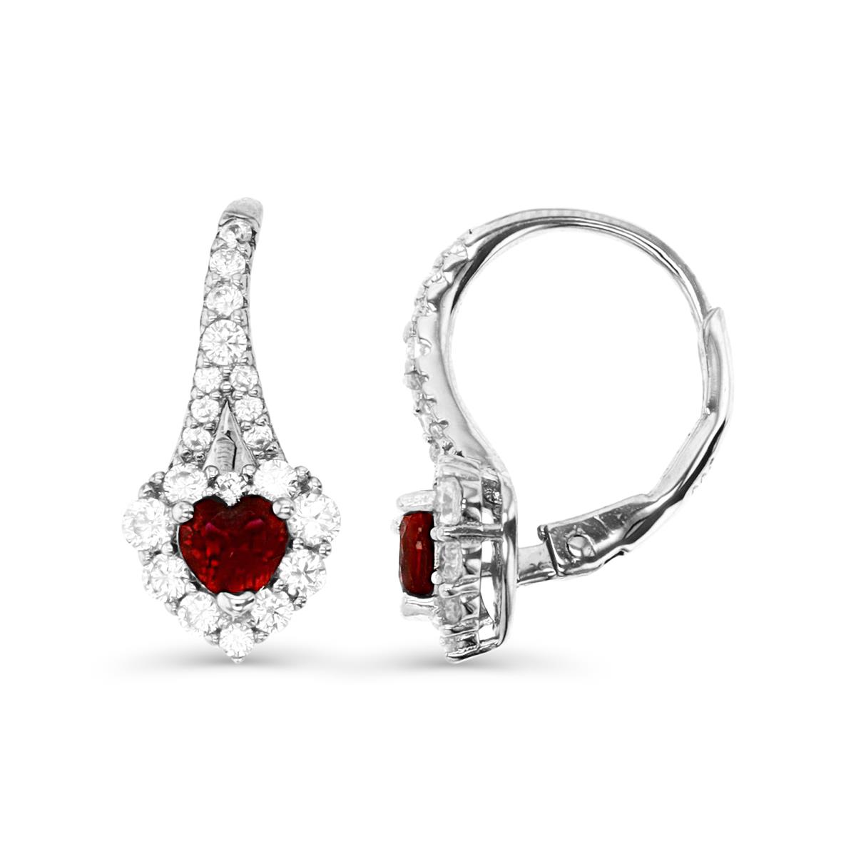 Sterling Silver Rhodium 18X8MM Polished Cr Ruby #8 & White CZ  Halo Heart Lever Back Earring