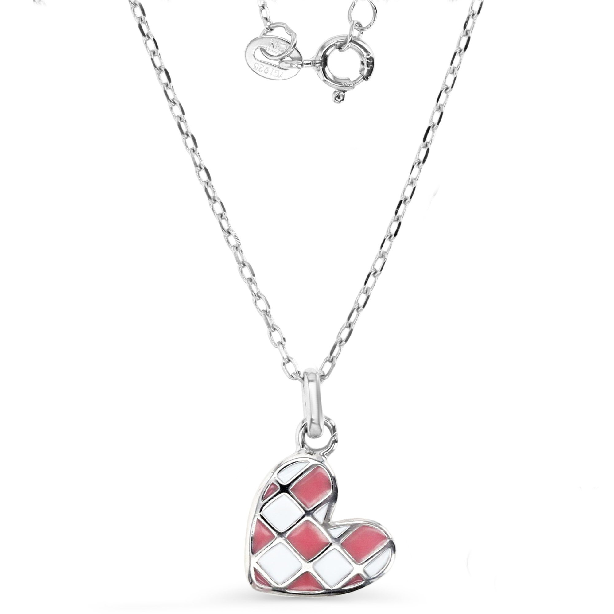 Sterling Silver Rhodium 15X10MM Polished White & Pink Enamel Heart 13+2'' Dangling Necklace