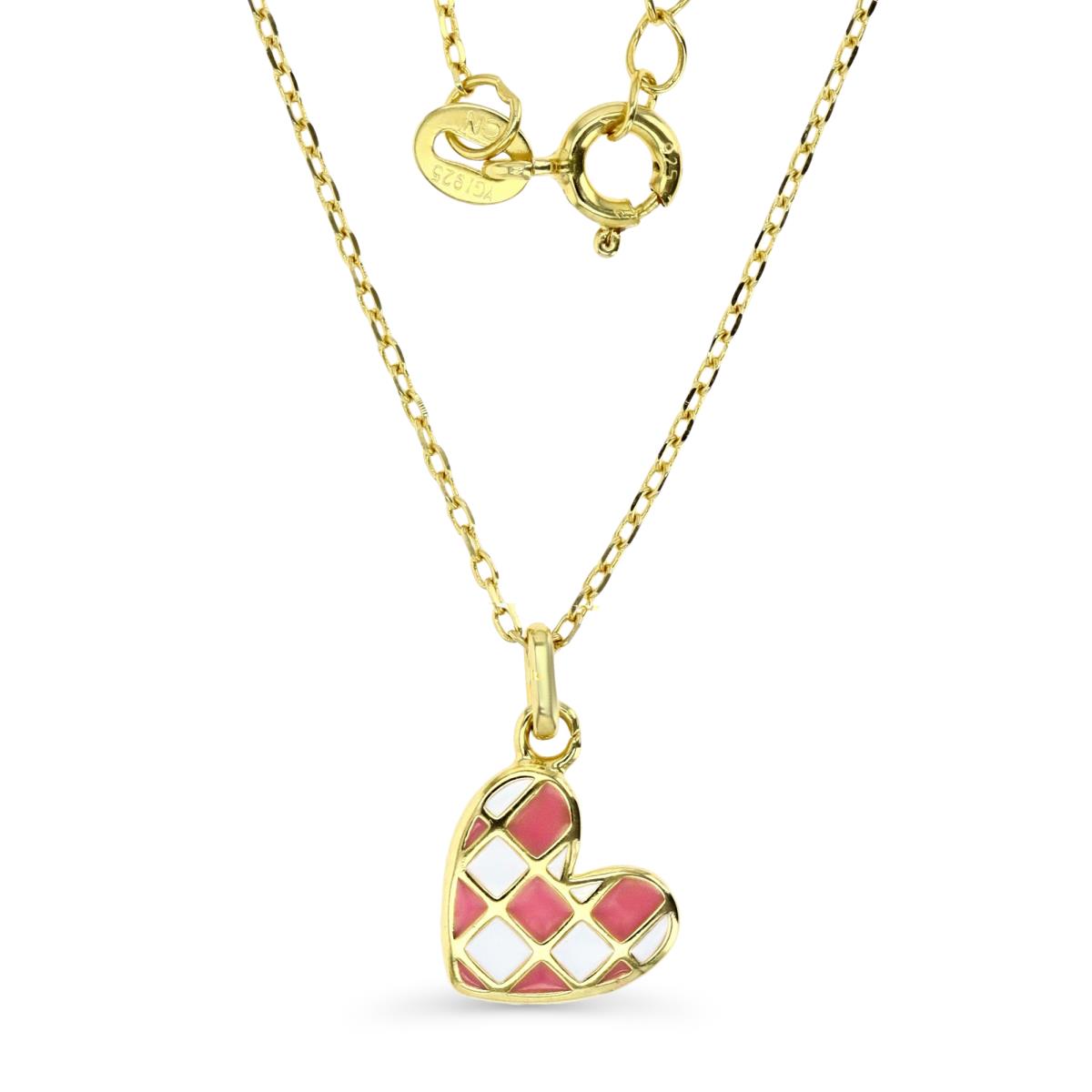 Sterling Silver Yellow 15X10MM Polished White & Pink Enamel Heart 13+2'' Dangling Necklace