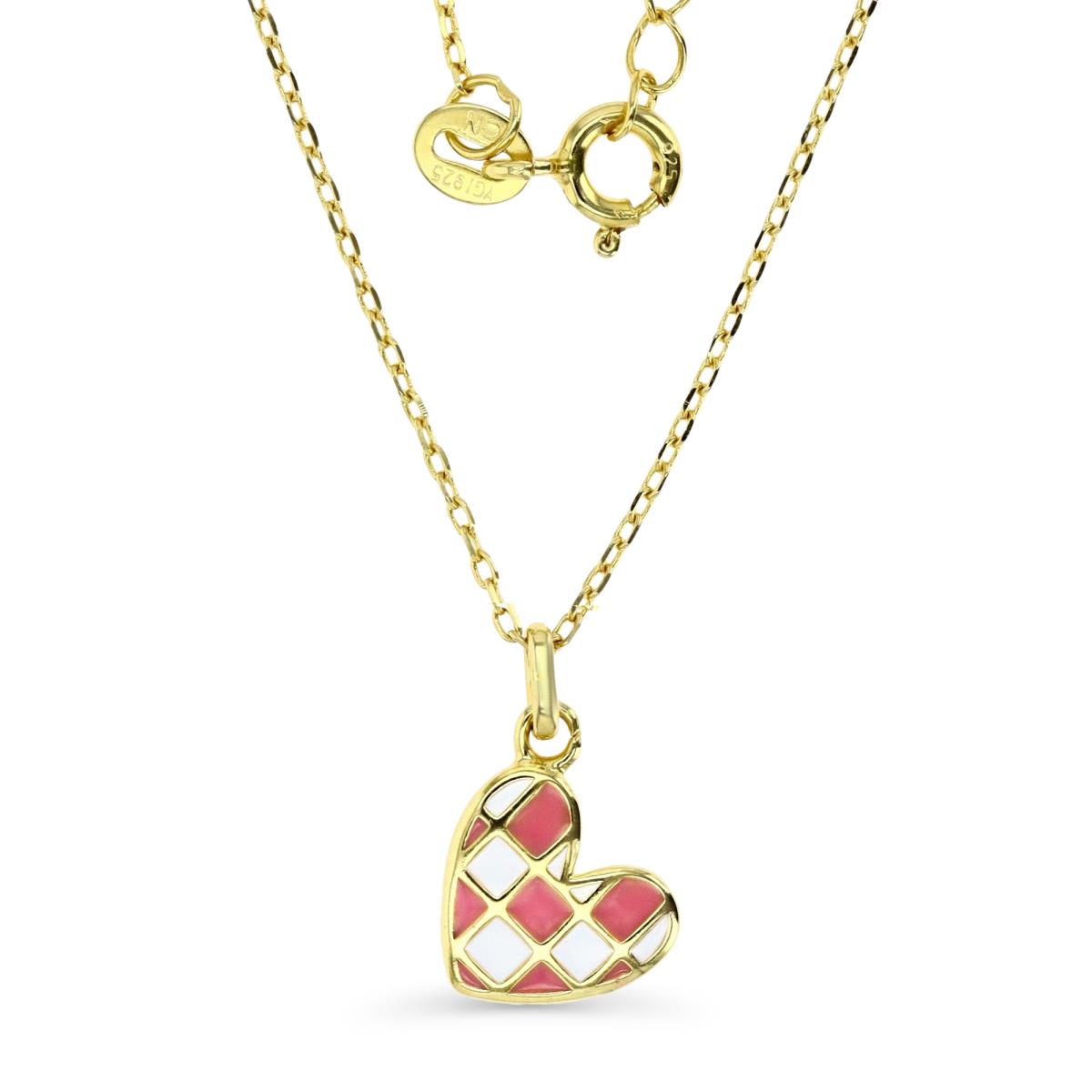Sterling Silver Yellow 1M 15X10MM Polished White & Pink Enamel Heart 13+2'' Dangling Necklace