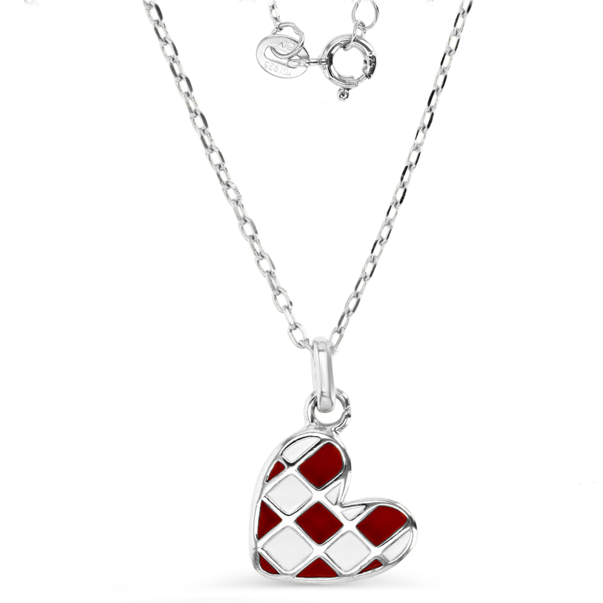 Sterling Silver Rhodium 15X10MM Polished White & Red Enamel Heart 13+2'' Dangling Necklace
