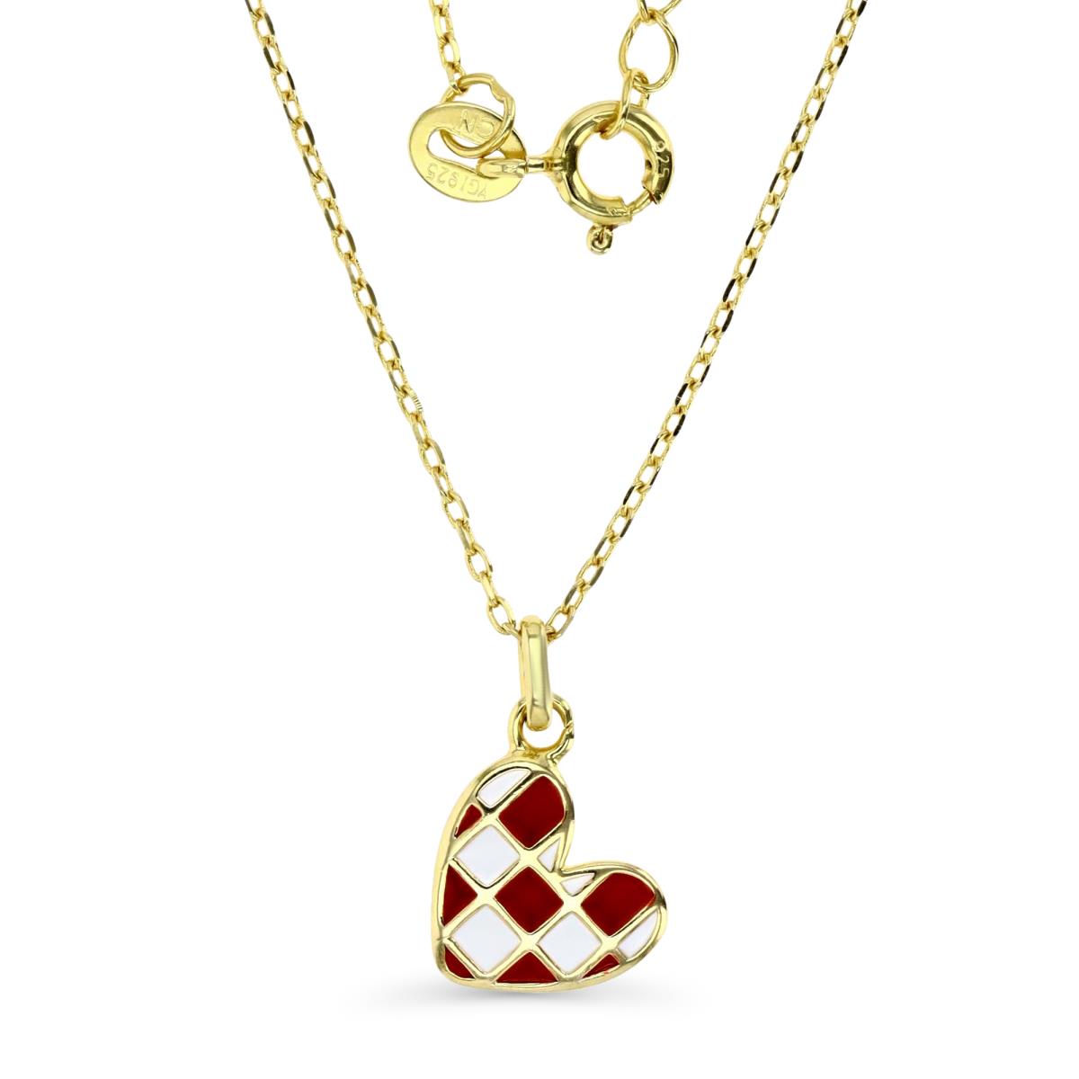 Sterling Silver Yellow 15X10MM Polished White & Red Enamel Heart 13+2'' Dangling Necklace