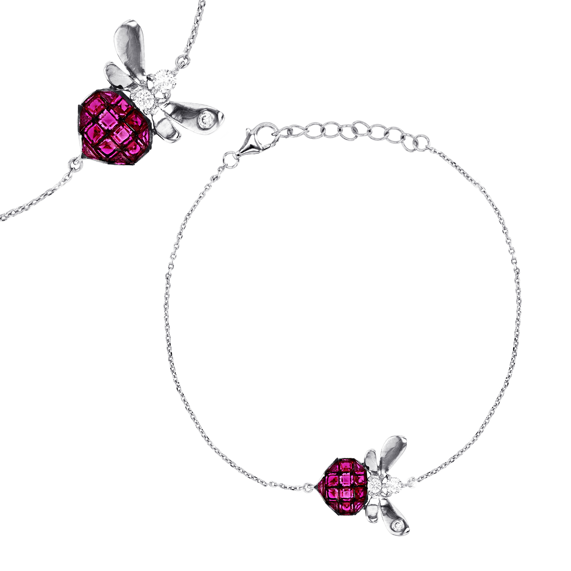 Sterling Silver Rhodium 18X18MM Polished Created Ruby & White CZ Heart Dangling 7+1'' Station Necklace